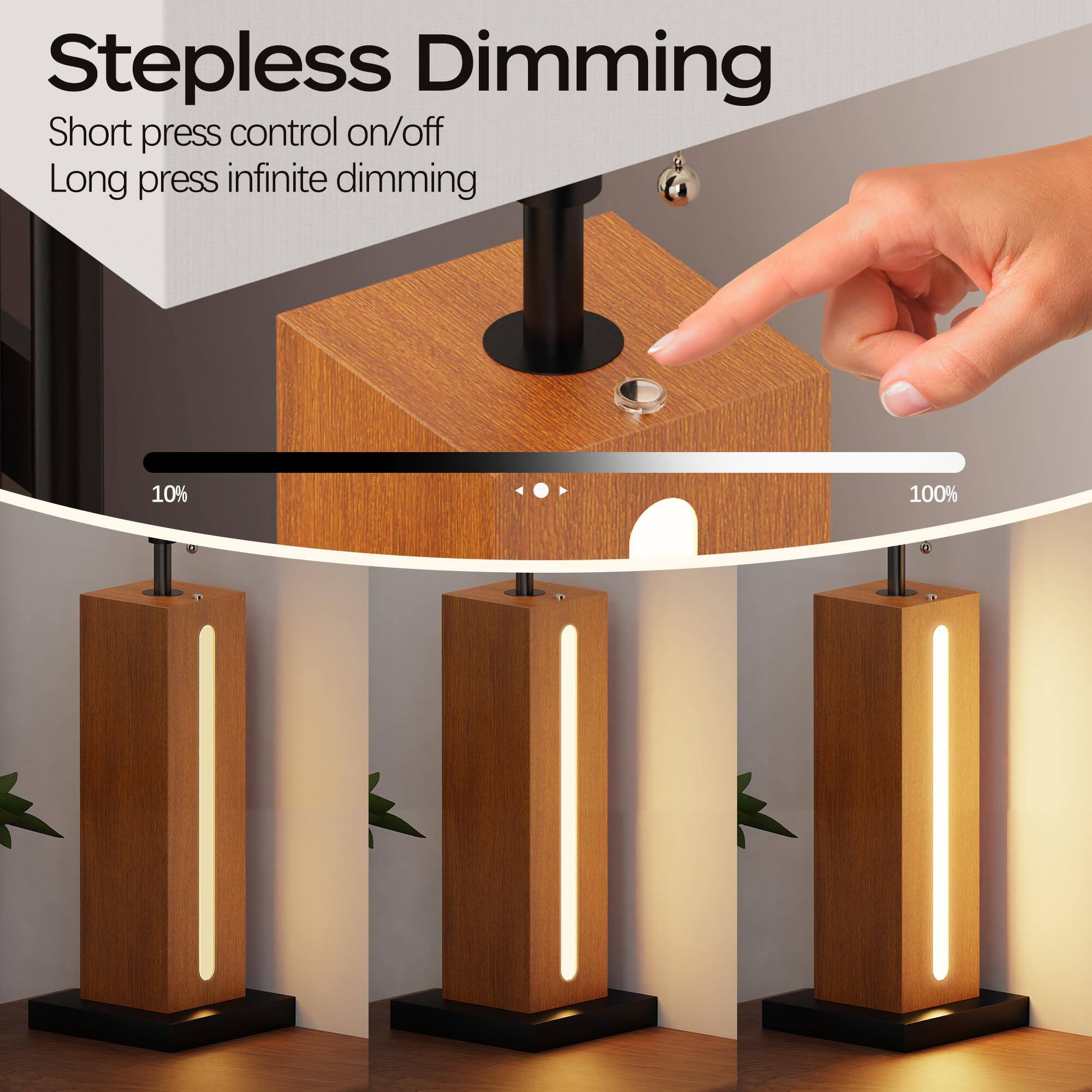 Stepless Dimming  
Short press control on/off  
Long press infinite dimming  
10% - 100%