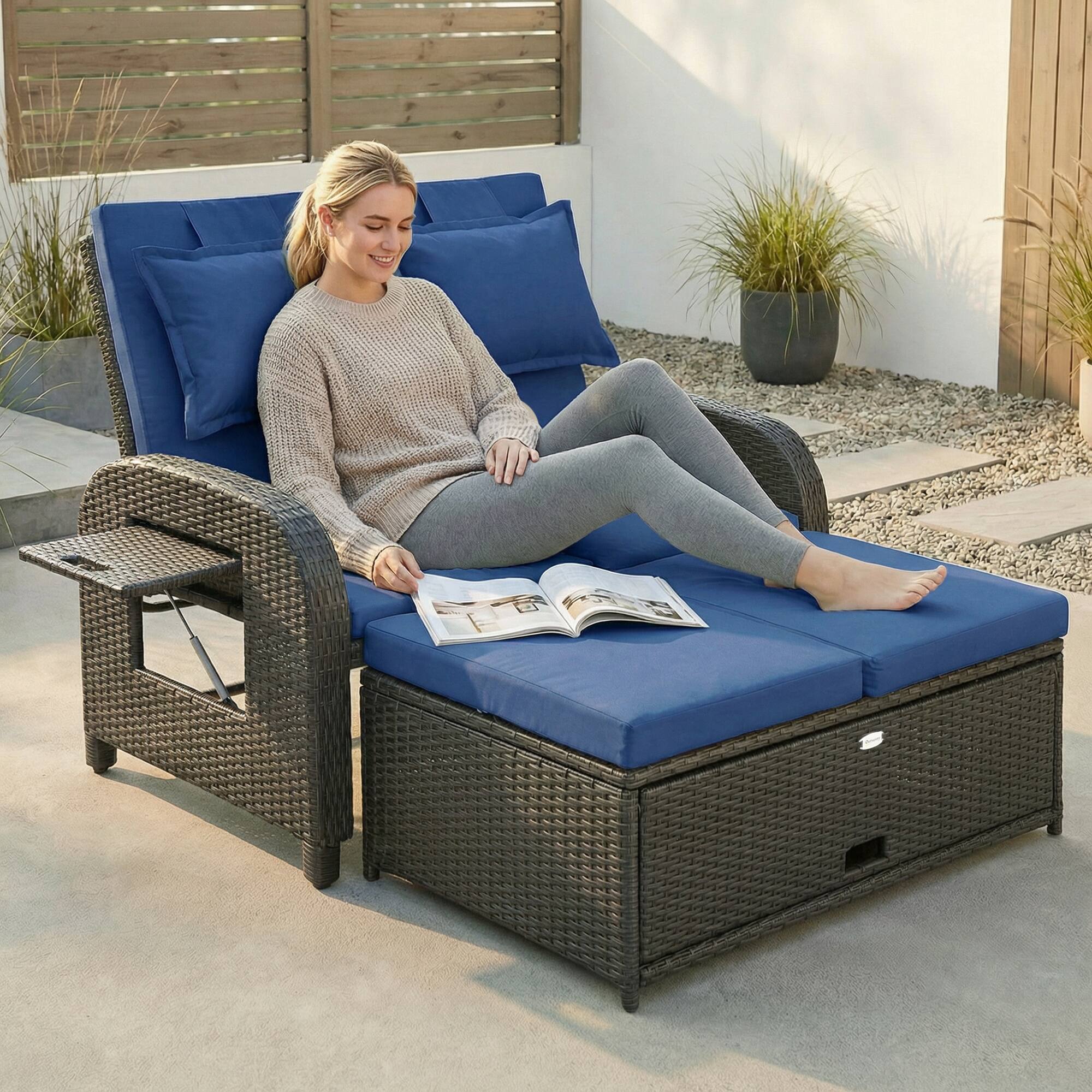 Alt View 1. Outsunny - Rattan Daybed, Wicker Outdoor Daybed with Storage Ottoman, Loveseat w/ Adjustable Backrest, Side Tables - Navy Blue.