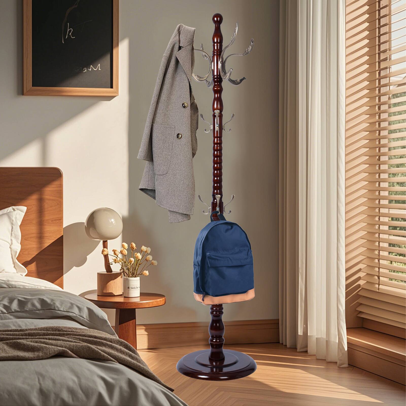 Alt View 7. Chateau Abodes - Solid Wood Coat Rack, Free Standing Hall Coat Tree with 14Hooks, 3 Height Options, 300lbs Load, Stury Base - Metal Phoenix Hook.