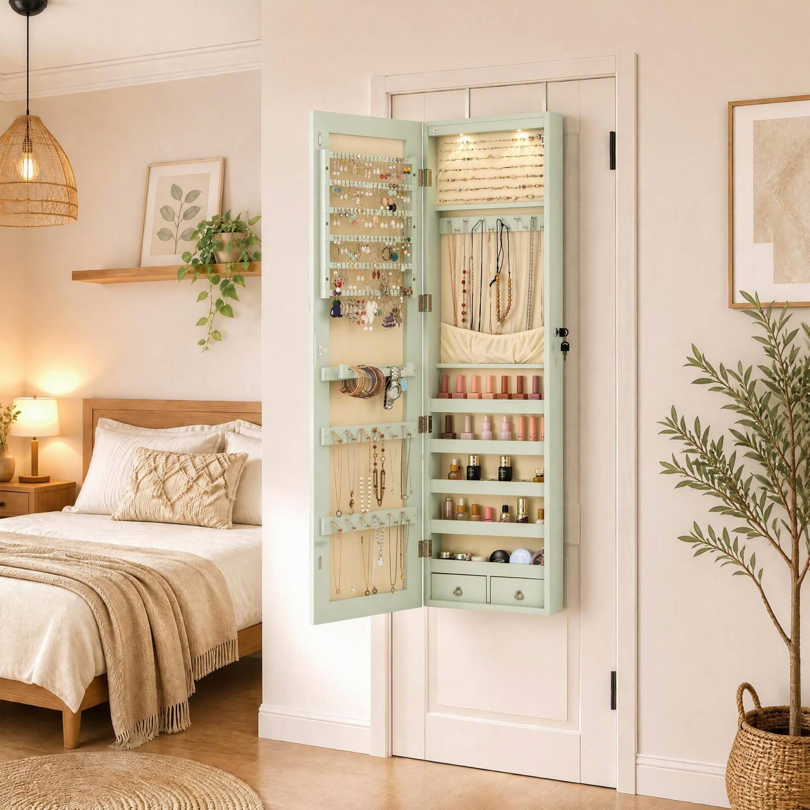 Alt View 4. Costway - Costway Mirrored Wall & Door Mounted Jewelry Cabinet Storage Organizer with Lights&Drawer - Green.