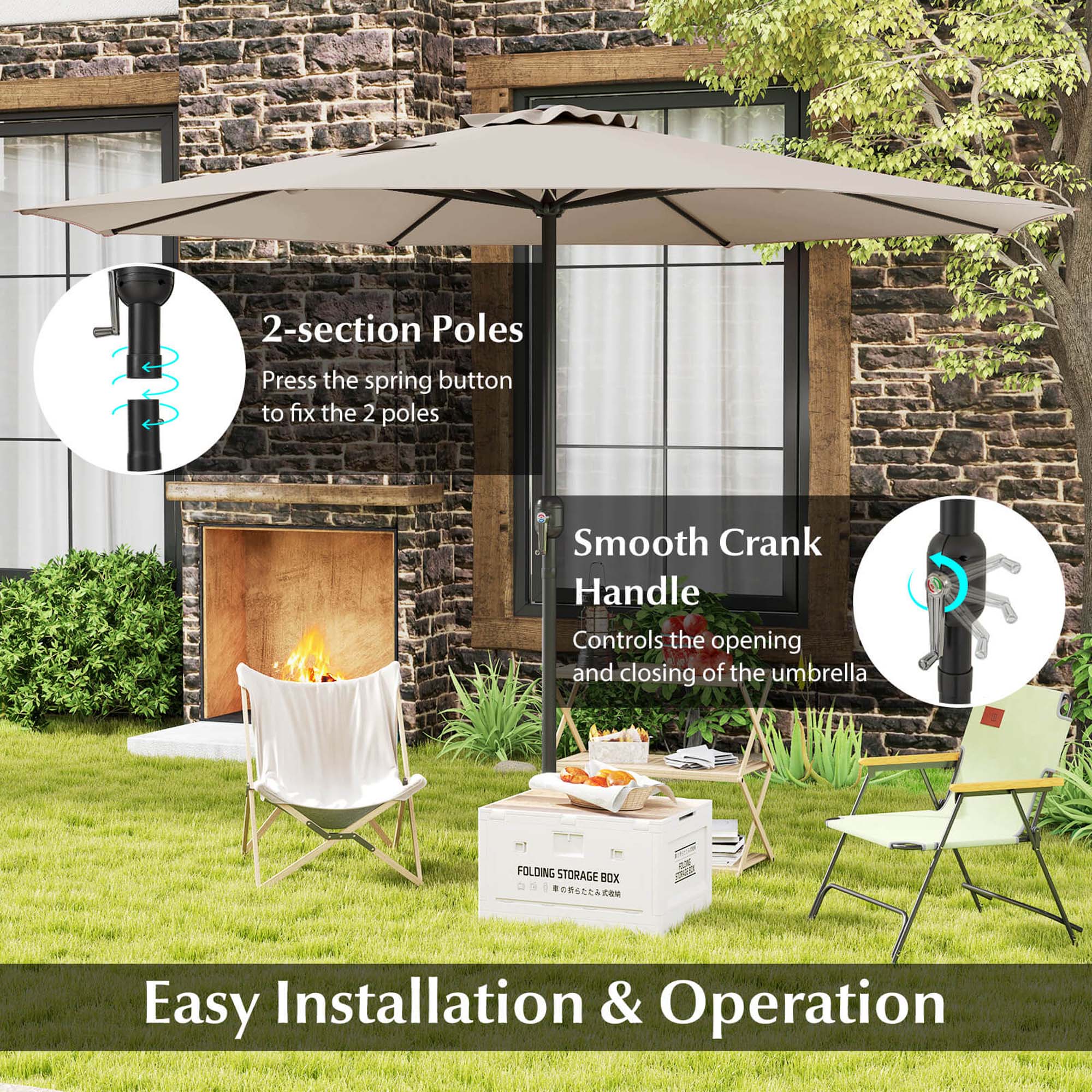 The text on the image is already grouped and correctly labeled, as it describes the features of the outdoor umbrella and its installation process.