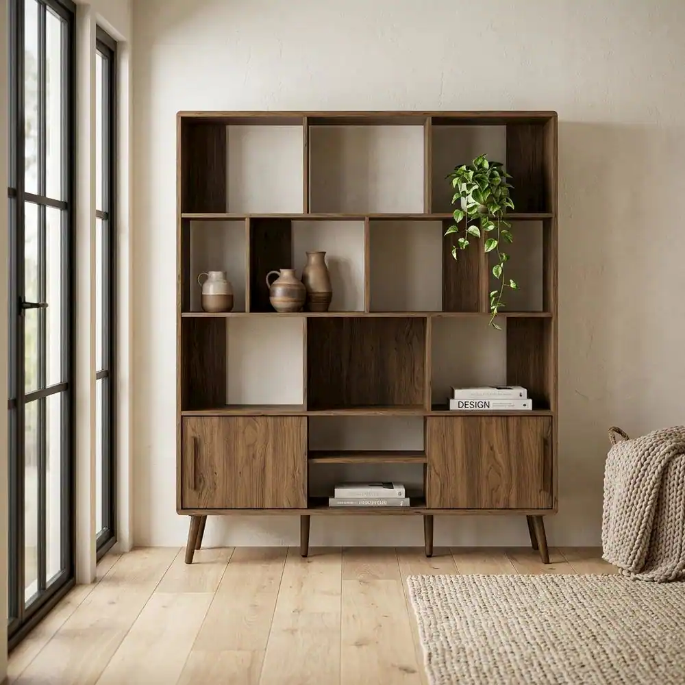 Left. FurniFact - Wooden Bookcase with Sliding Doors and Contemporary Design - Brown.