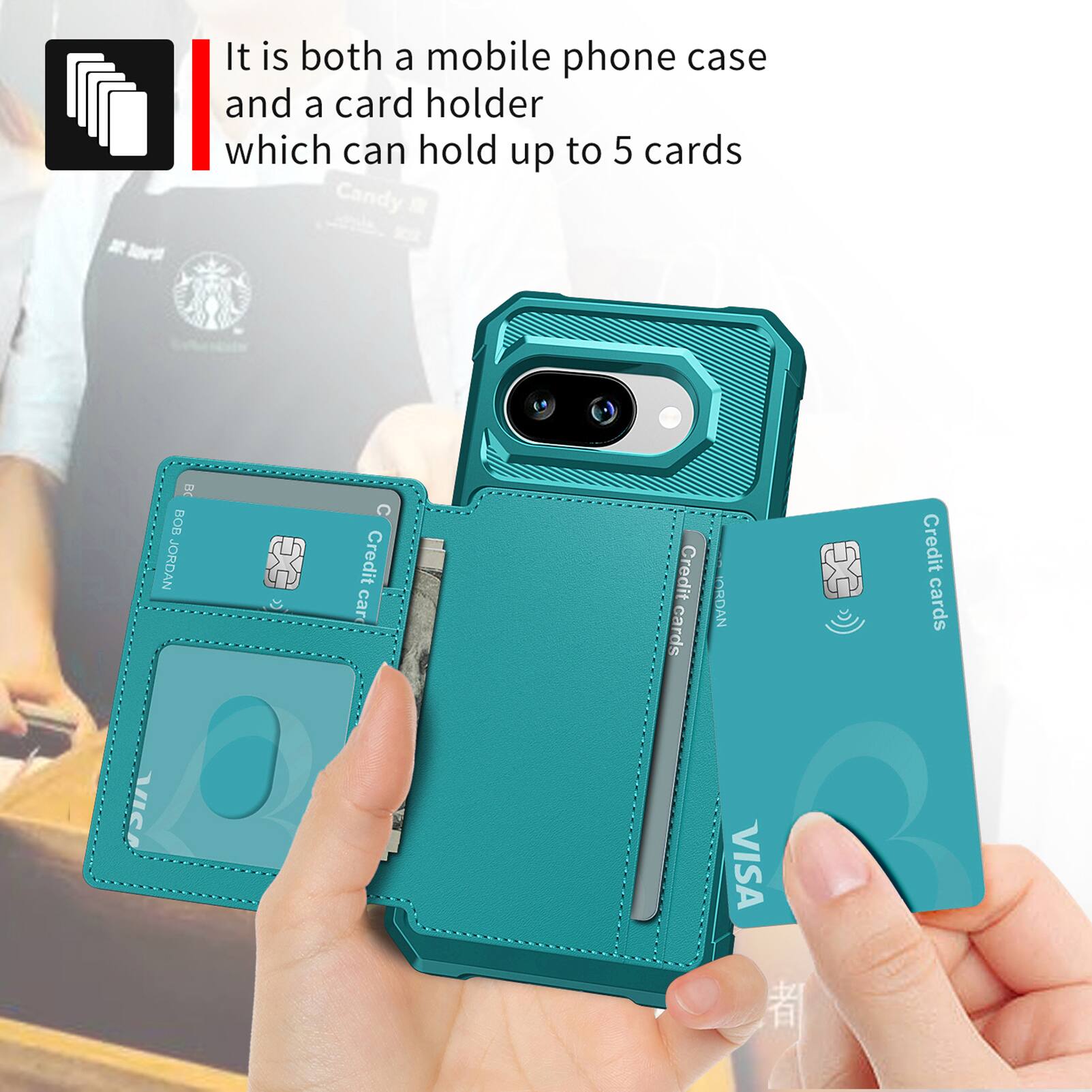 It is both a mobile phone case and a card holder which can hold up to 5 cards.

Candy X BOB JORDAN

Credit cards

VISA