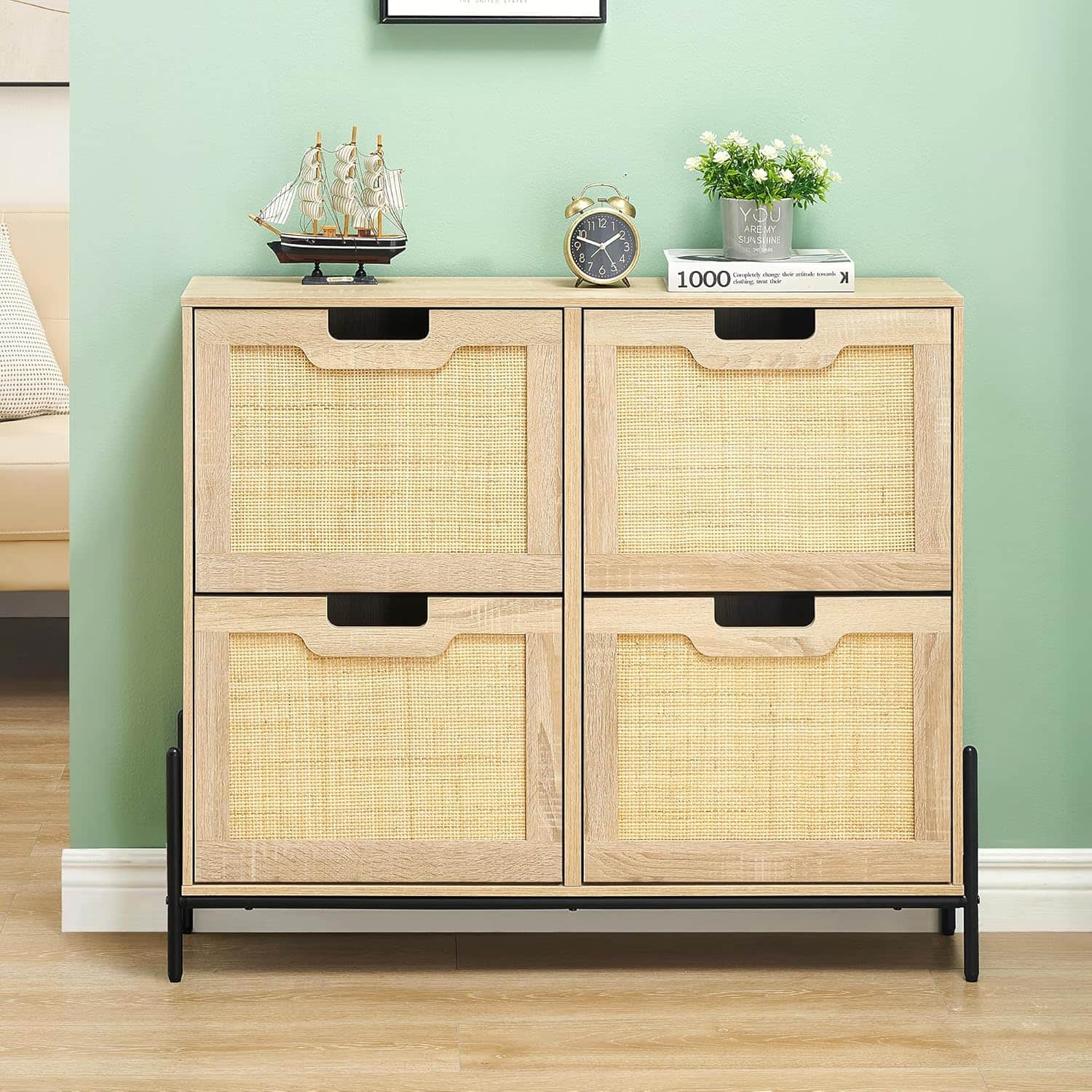 Homhougo - Freestanding Shoe Cabinet with 4 Flip Rattan Doors, Adjustable Shelves, Entryway, Hallway, Narrow Storage - Oak