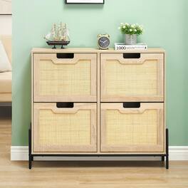 Homhougo - Freestanding Shoe Cabinet with 4 Flip Rattan Doors, Adjustable Shelves, Entryway, Hallway, Narrow Storage - Oak