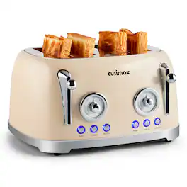 Cusimax - Retro 4 Extra Wide Slots Toaster 6 Levels 4 Functions Stainless Steel Auto Shut Off Removable Crumb Tray - White