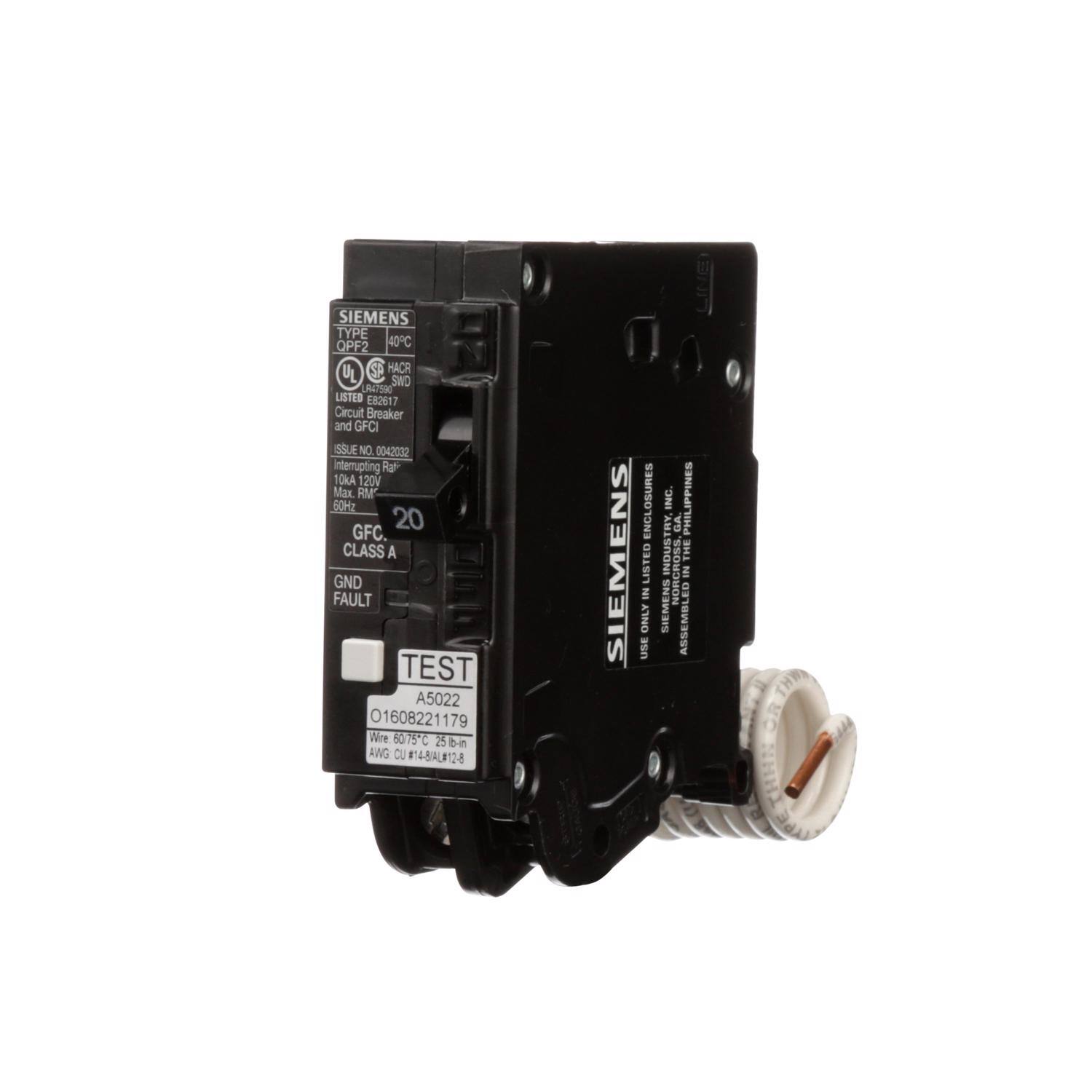 SIEMENS TYPE OPF2 40C UL HACR SWO LR47590 LISTED E82617 Circuit Breaker and GFCI  
ISSUE NO. 0042032  
Interrupting Rating 10kA 120V Max.  
RM 60Hz 20 GFC.  
CLASS A GND FAULT TEST A5022 01608221179  
Wire 60/75C 25 lb-in AWG CU#14-8AL#12-8  

SIEMENS  
ENCLOSURES are LISTED ONLY USE  
INC. INDUS SIEM  
GA. PHIL HILIPPINES CROSS THE ASSEMBLED