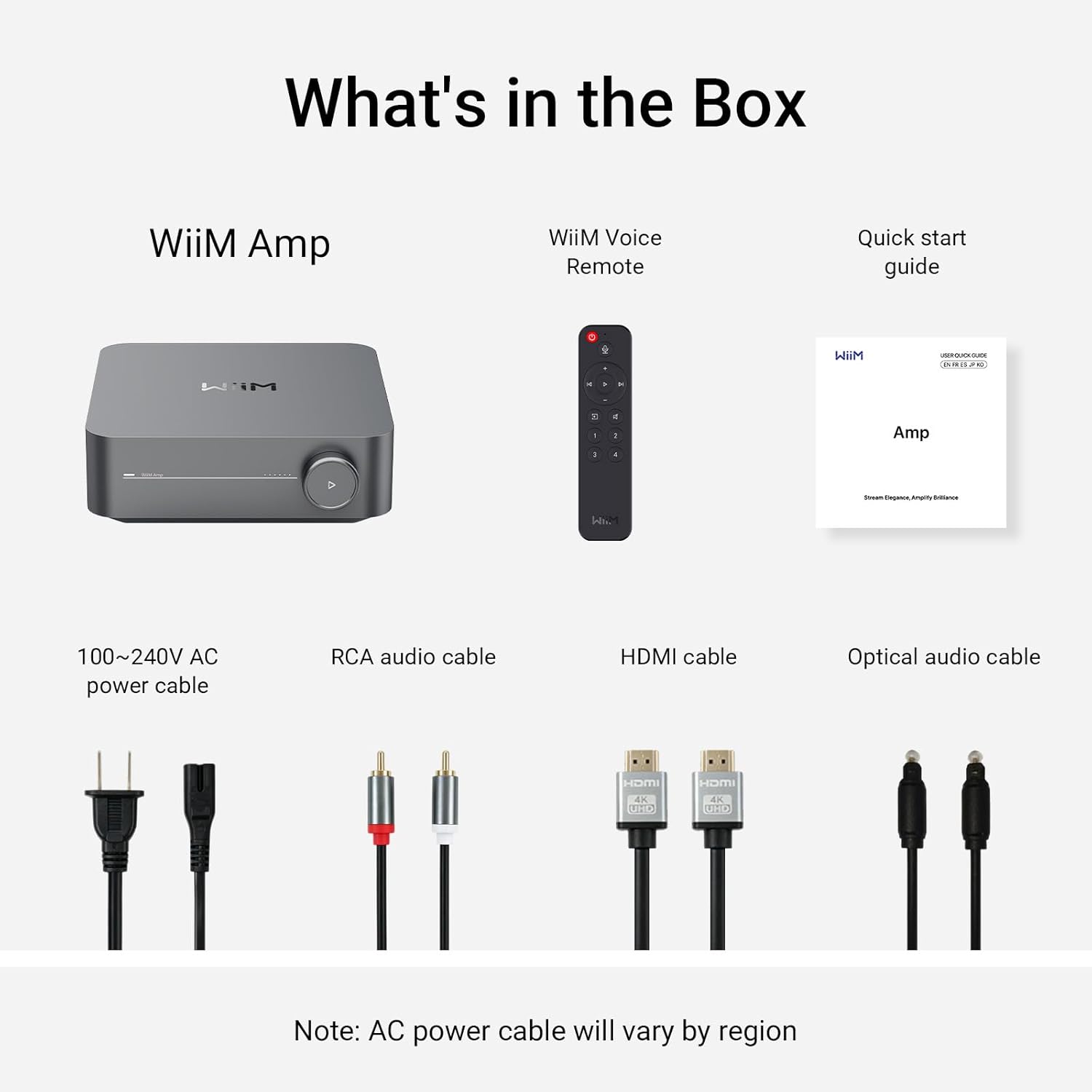 What's in the Box

- WiiM Amp
- WiiM Voice Remote
- Quick start guide
- 100~240V AC power cable
- RCA audio cable
- HDMI cable
- Optical audio cable

Note: AC power cable will vary by region