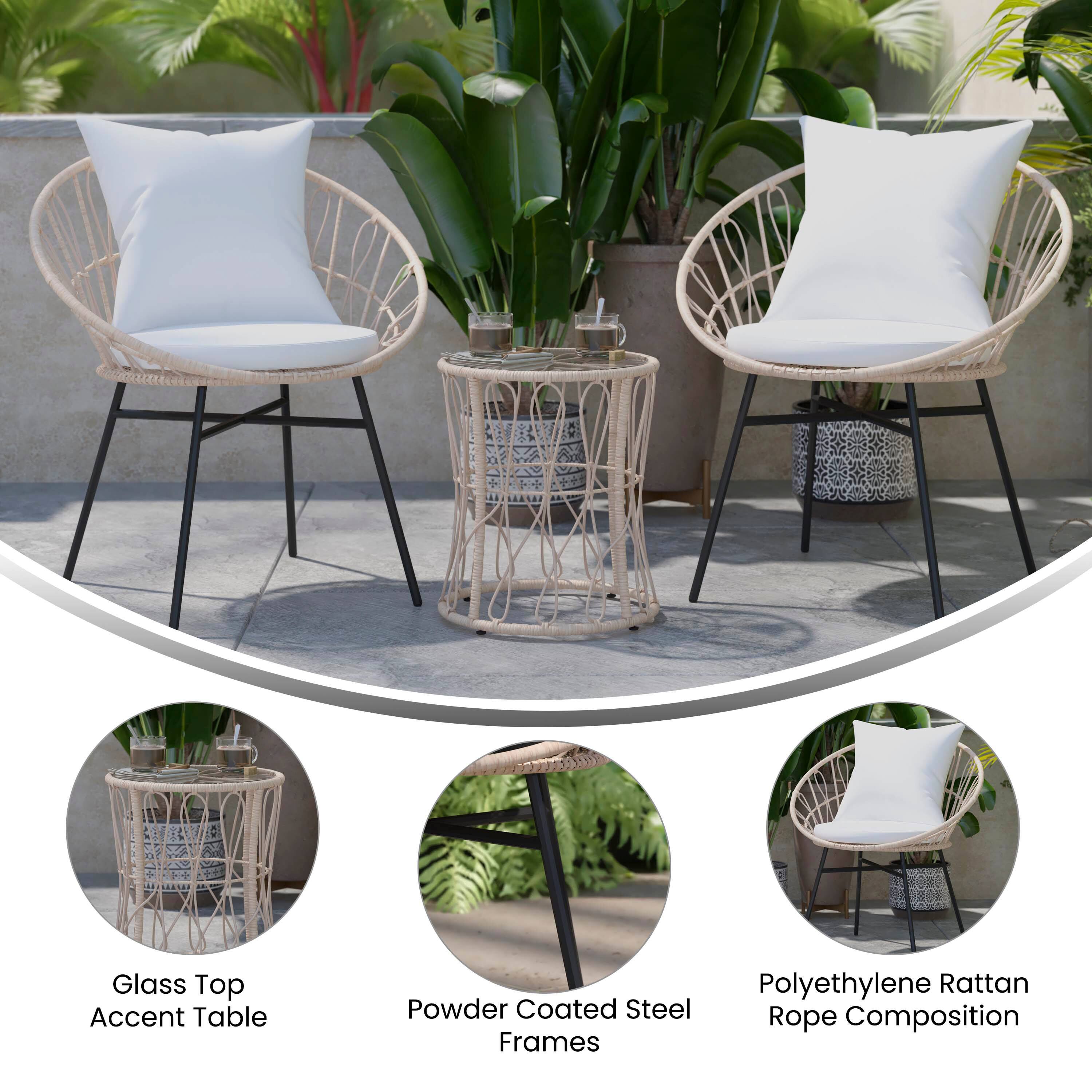 Glass Top Accent Table  
Polyethylene Rattan  
Powder Coated Steel Rope Composition Frames