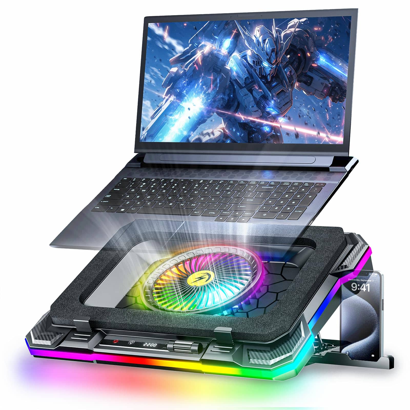 HongFei - Gaming Laptop Cooling Pad, Laptop Fan Cooling Pad with 5.5inch RGB External Fan, Rapid Cooling Laptop 15.6-19.3inch - Corolful