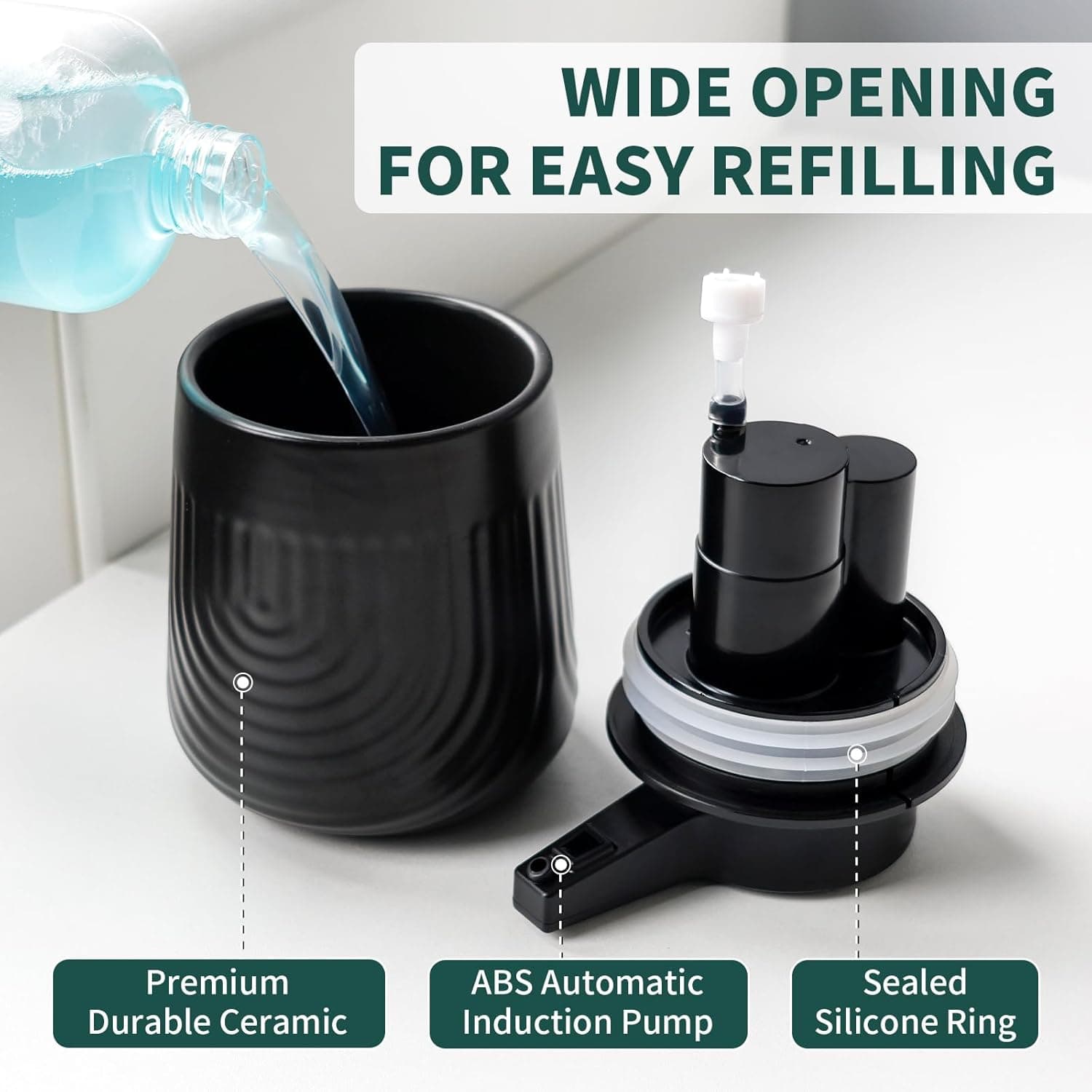 WIDE OPENING FOR EASY REFILLING

Premium Durable Ceramic  
ABS Automatic Induction Pump  
Sealed Silicone Ring