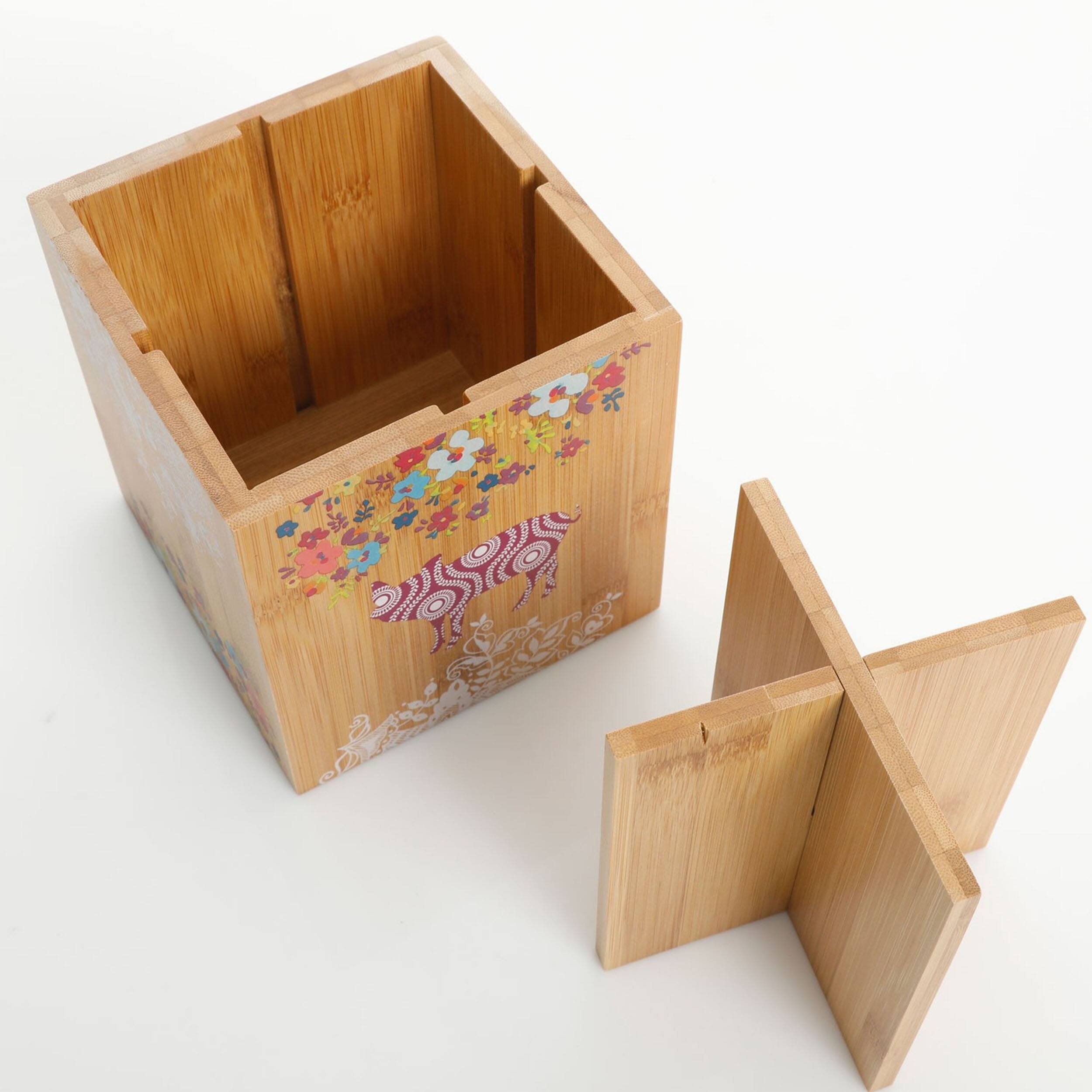 Alt View 1. Urban Market - Gibson Urban Market 5.5 Inch Square Bamboo Utensil Holder in Animal and Floral Print - Brown.