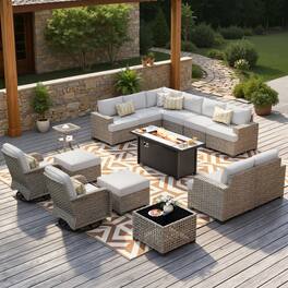 Ovios - 15 PCS Patio Furniture Set, Sectional Sofa with 54" Fire Pit Table, Swivel Chairs and Ottoman - Gray