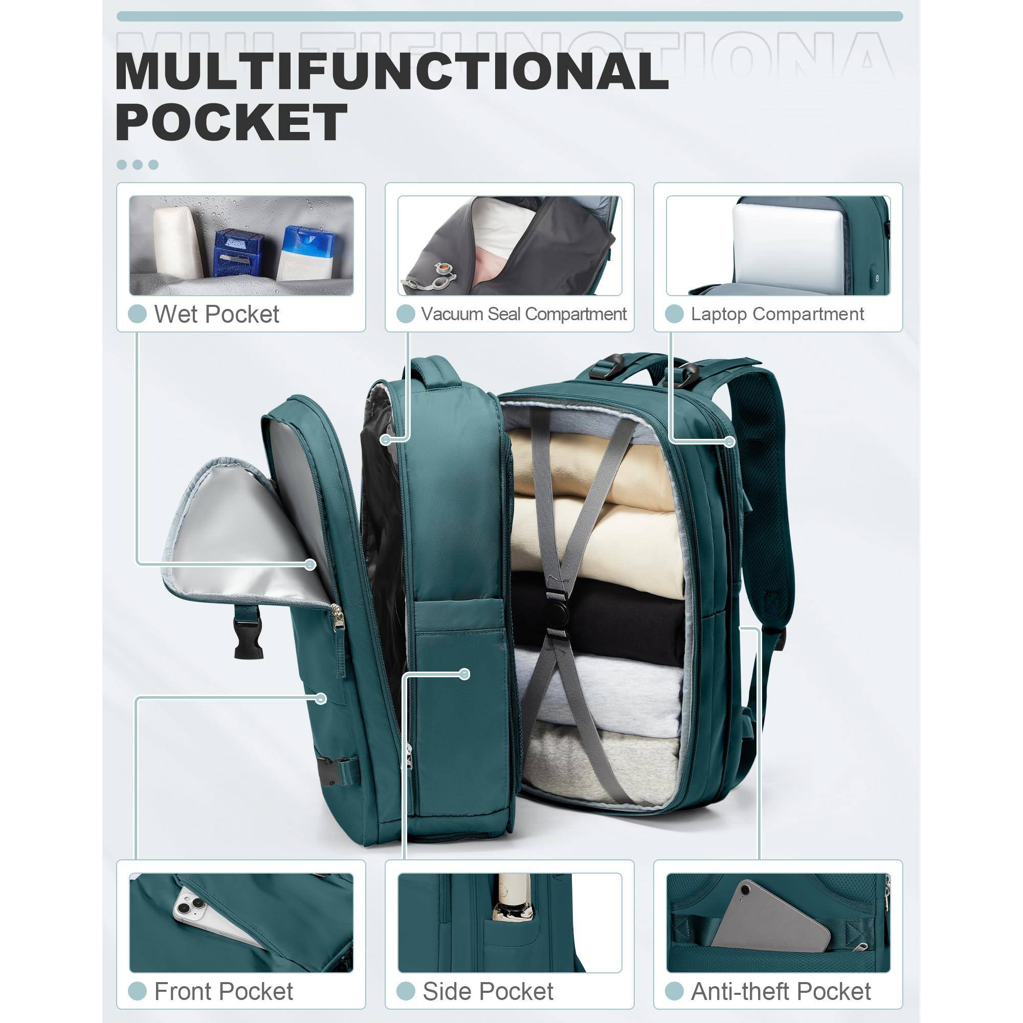 MULTIFUNCTIONAL POCKET

- Wet Pocket
- Vacuum Seal Compartment
- Laptop Compartment
- Front Pocket
- Side Pocket
- Anti-theft Pocket