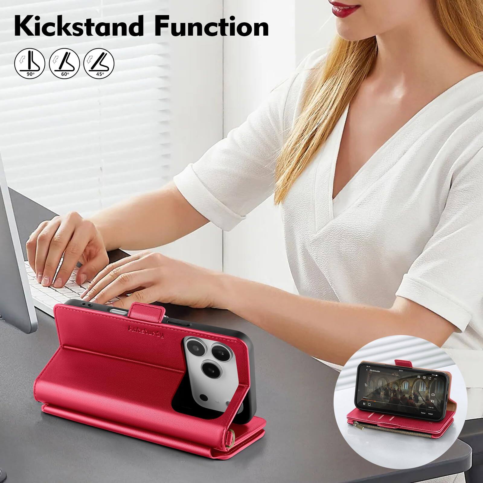 Alt View 3. Jadie Link - Compatible Pro Wallet Case Women Rfid Blocking Leather Phone Men Kickstand Flip Cover Wrist Strap Zipper Credit Card - Black-iPhone 17 Pro - 6.3".