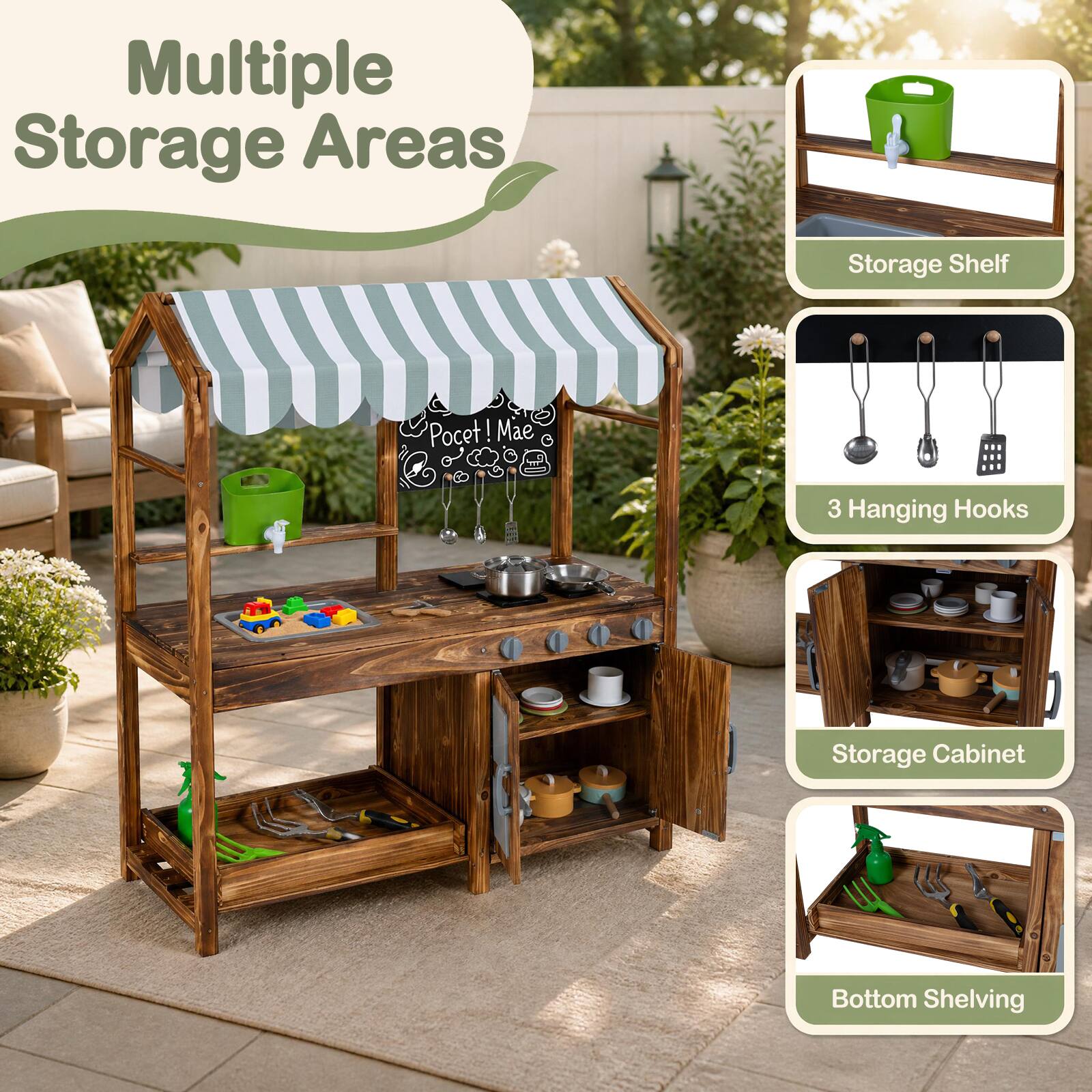 Multiple Storage Areas  
Storage Shelf  
3 Hanging Hooks  
Storage Cabinet  
Bottom Shelving
