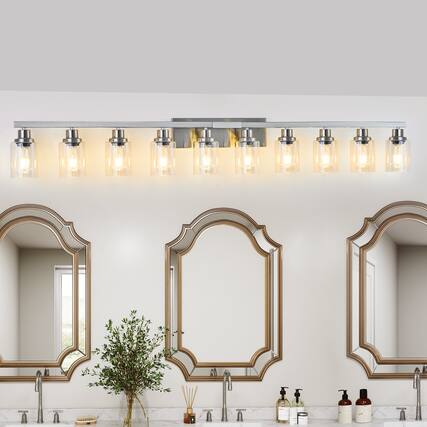 Front. HOMLUX - 65.35 in. 10 Lights Gold LED Vanity Light Bar Vanity Accent Lighting Fixtures and Metal Wall Sconces with Crystal Shade.