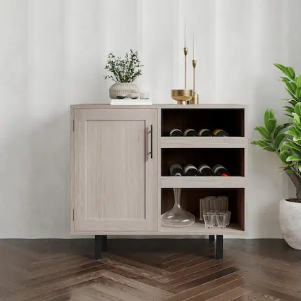 Front. Emma + Oliver - Classic Sideboard and Bar Cabinet with Open and Closed Storage - Gray.
