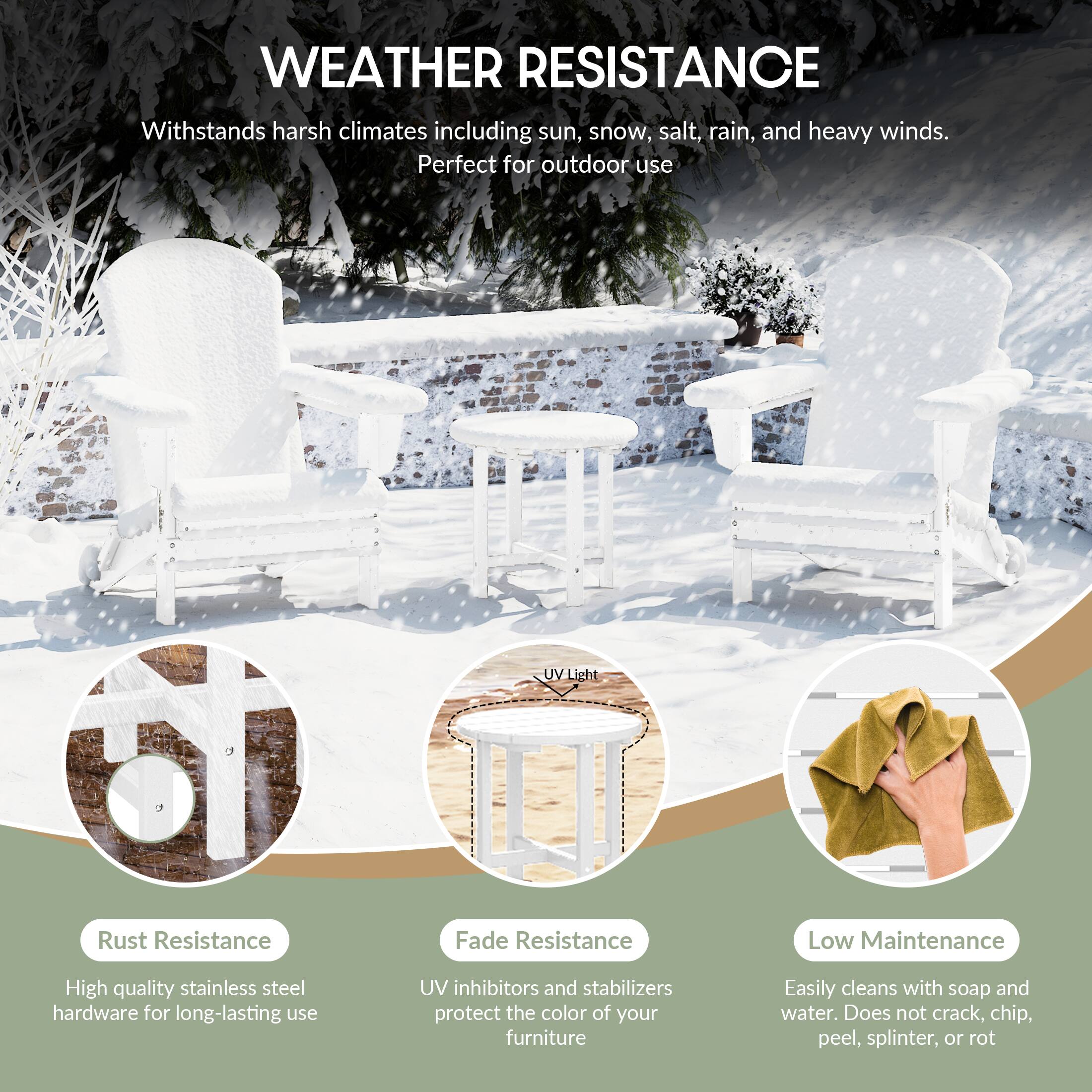 WEATHER RESISTANCE  
Withstands harsh climates including sun, snow, salt, rain, and heavy winds.  
Perfect for outdoor use  

- Rust Resistance  
  High quality stainless steel hardware for long-lasting use  

- Fade Resistance  
  UV inhibitors and stabilizers protect the color of your furniture  

- Low Maintenance  
  Easily cleans with soap and water. Does not crack, chip, peel, splinter, or rot