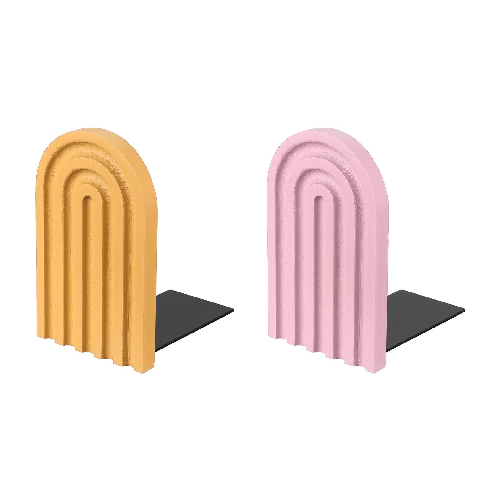 Front. Unique Bargains - 2pcs Boho Arch Bookends, Non-Skid Wood Book Ends Rainbow Wooden, for Shelves Book Stopper Stand, for Home Library Decor - Pink/Yellow.