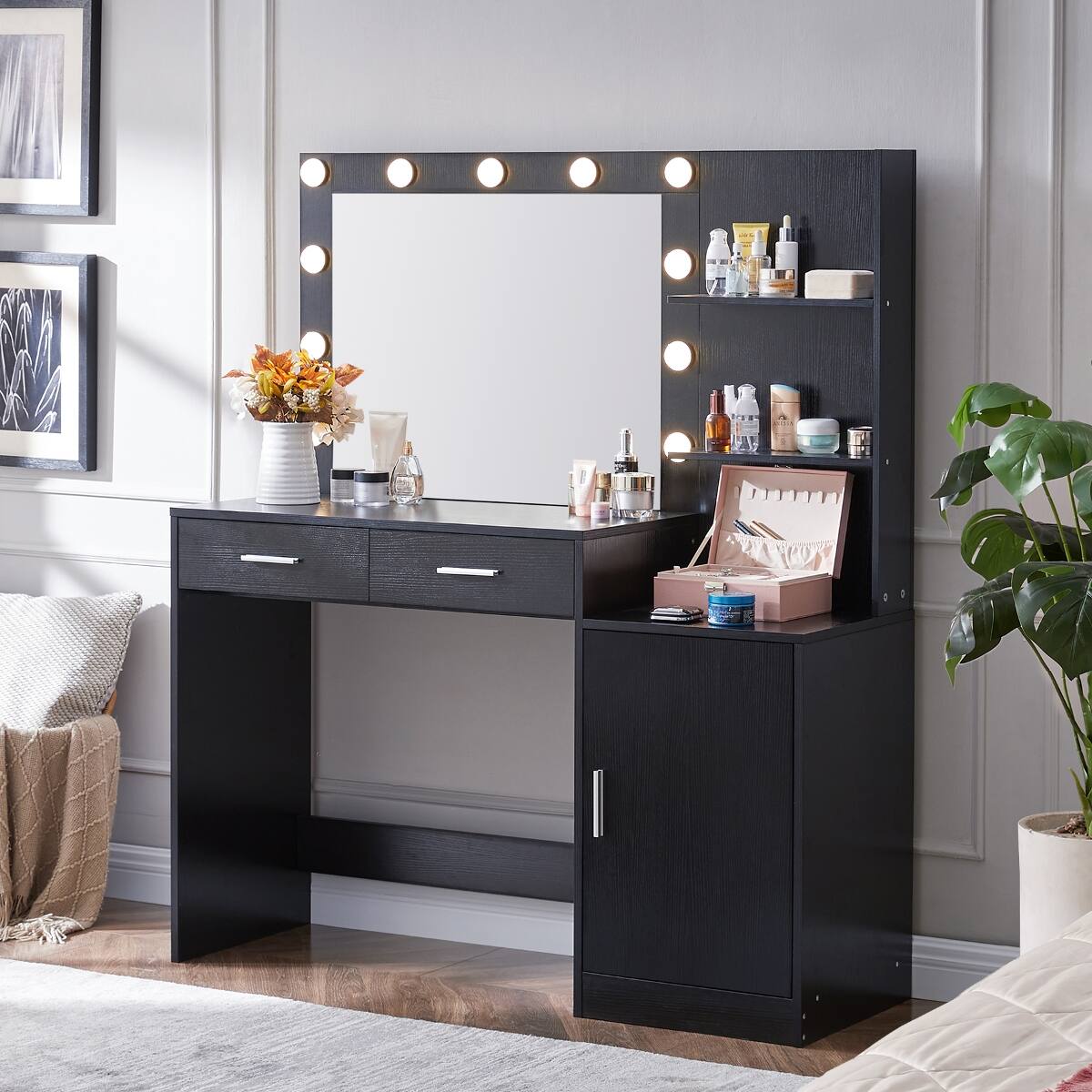 Angle. Loheer - Loheer Vanity Desk with Mirror and Lights, Black, 46.4 Inch Dressing Table, 3 Lighting Modes - Black.