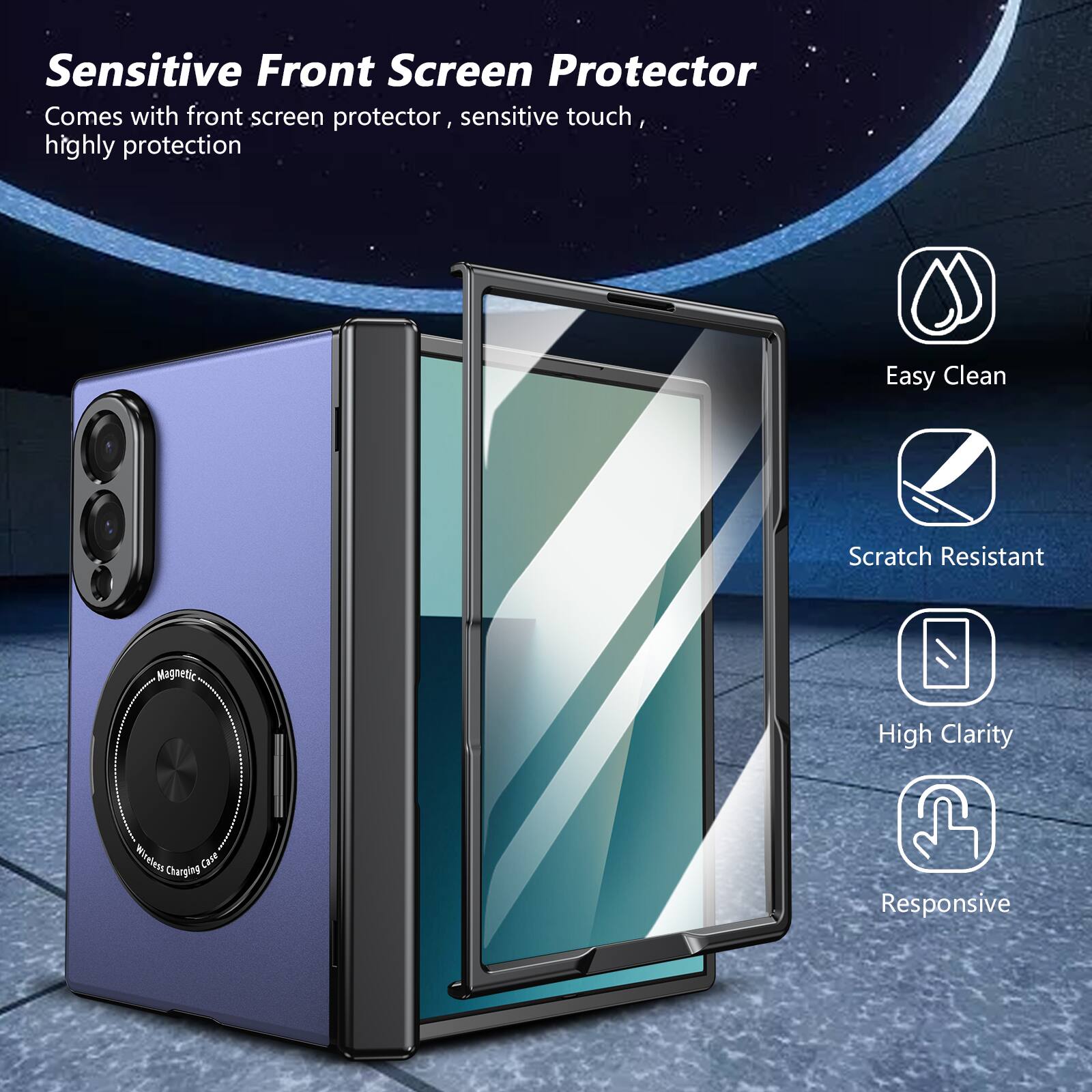 Sensitive Front Screen Protector  
Comes with front screen protector, sensitive touch, highly protection  

Easy Clean  
Scratch Resistant  
Magnetic  
High Clarity  
Responsive