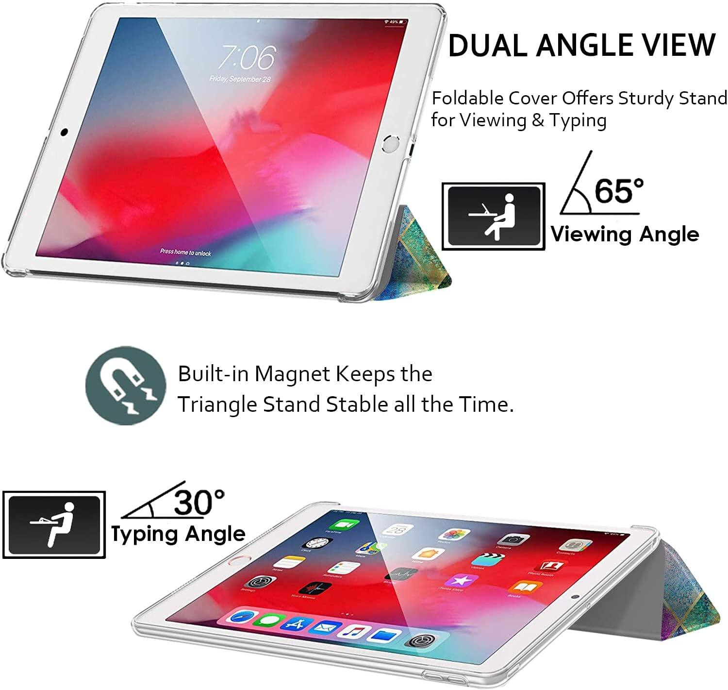 7:06 Friday, September 28

DUAL ANGLE VIEW
Foldable Cover Offers Sturdy Stand for Viewing & Typing

Press home to unlock

65° Viewing Angle

Built-in Magnet Keeps the Triangle Stand Stable all the Time.

30° Typing Angle
