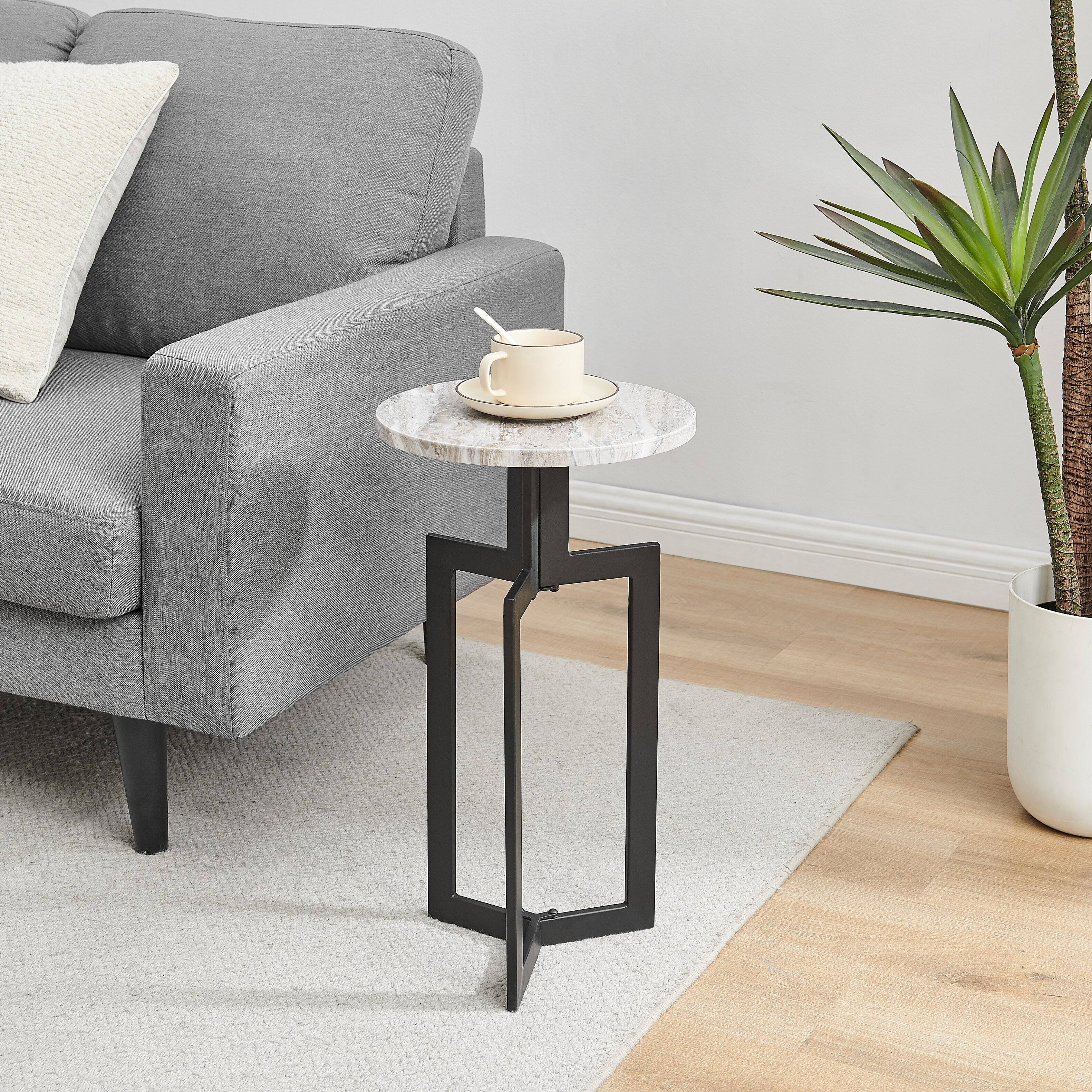 Alt View 3. Danya B - Black Metal Sculptural Pedestal & Faux Stone Tabletop Accent End Table - Black, White Marble.