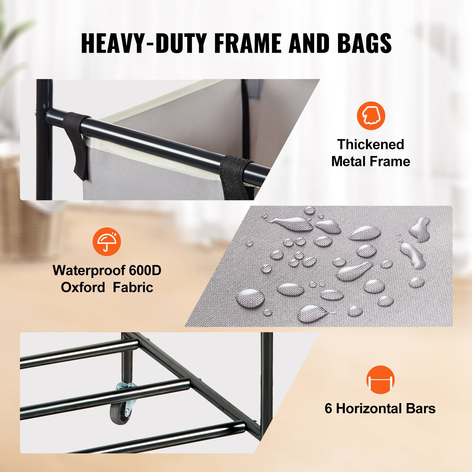 HEAVY-DUTY FRAME AND BAGS

- Thickened Metal Frame
- Waterproof 600D Oxford Fabric
- 6 Horizontal Bars