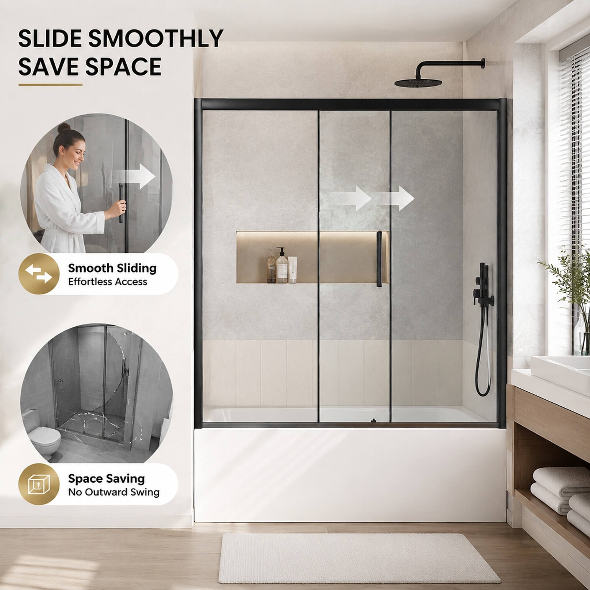 SLIDE SMOOTHLY SAVE SPACE

Smooth Sliding Effortless Access

Space Saving No Outward Swing
