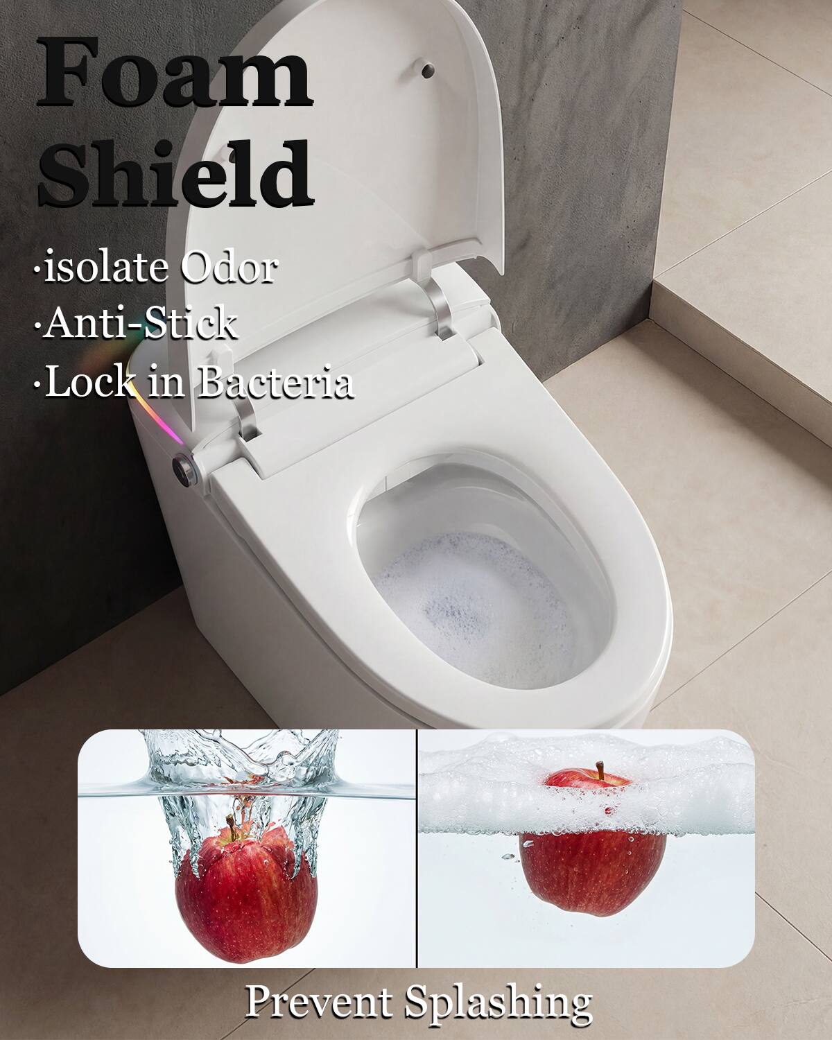 Foam Shield  
- Isolate Odor  
- Anti-Stick  
- Lock in Bacteria  
Prevent Splashing