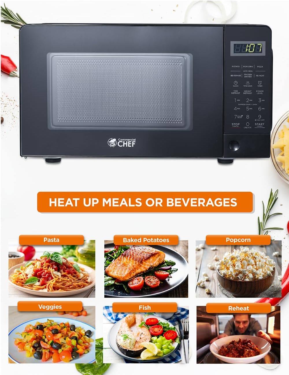 8:08 1 IOTanOs PCORN BTZA PROPEN REVERA AE0 SUER TLOE DV C I -P WEIGEET POWER EErROST nrN LEVEL 1 2 TL 4 - 5 3 - 6 7 SO 8 9 STOP O START KICJN Commercial CHEF HEAT UP MEALS OR BEVERAGES Pasta Baked Potatoes Popcorn Veggies Fish Reheat