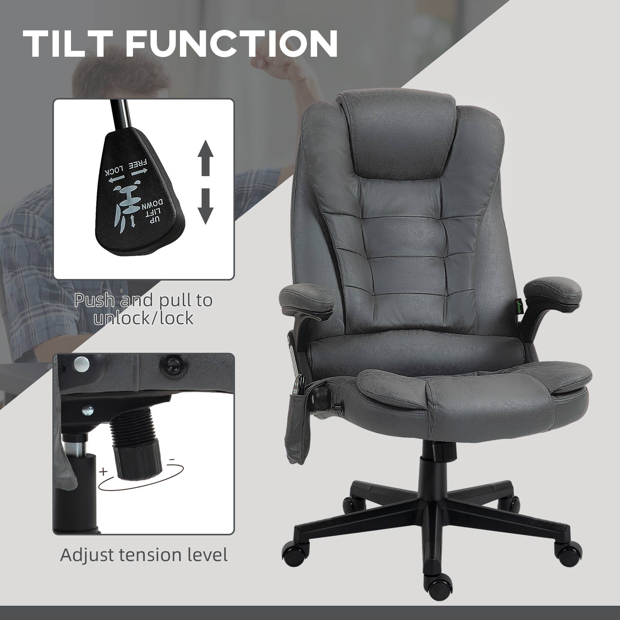 TILT FUNCTION

Push and pull to unlock/lock

Adjust tension level