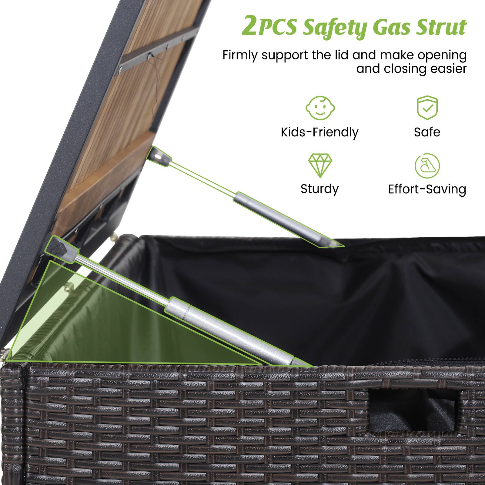 2PCS Safety Gas Strut  
Firmly support the lid and make opening and closing easier  
Kids-Friendly  
Safe  
Sturdy  
Effort-Saving