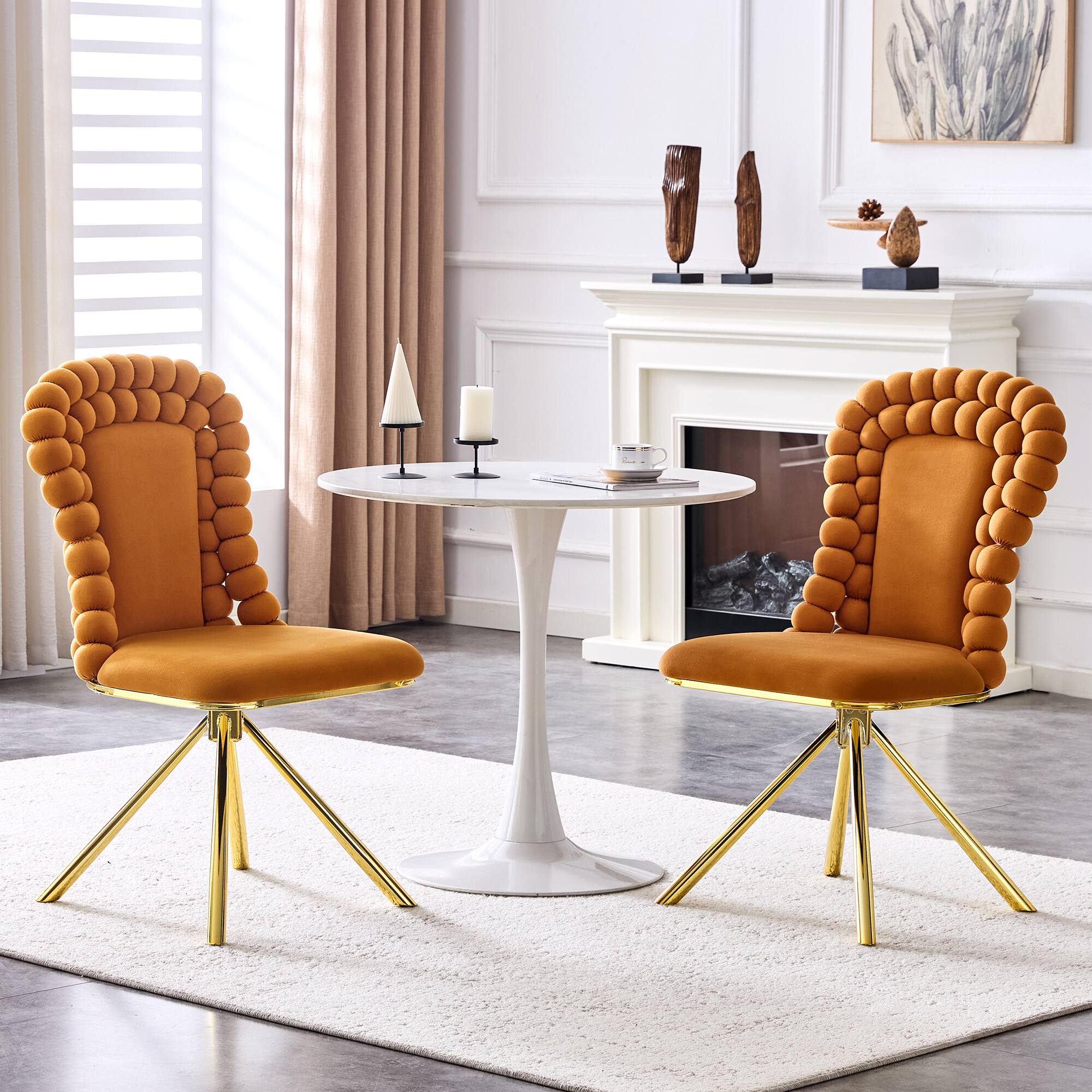 Angle. Loheer - Loheer Velvet Dining Chairs Set of 2, Orange Bubble Back Accent Dining Chairs with Gold Legs, 1.71 ft - Gold,Orange.