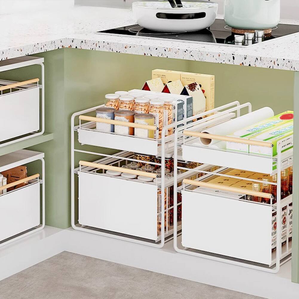 Left. GARVEE - 2-Tier Stainless Steel Pull Out Cabinet Organizer, Soft Close Damping Slides, Heavy Duty Chrome Plated Wire Basket - Black.