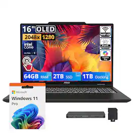 MSI - Upgraded - Venture 16" OLED Touch AI Laptop,Intel Ultra 9 285H,64GB DDR5,2TB SSD+1TB Dock,Intel Arc 140T,Backlit,Win 11 Pro - Solid Gray