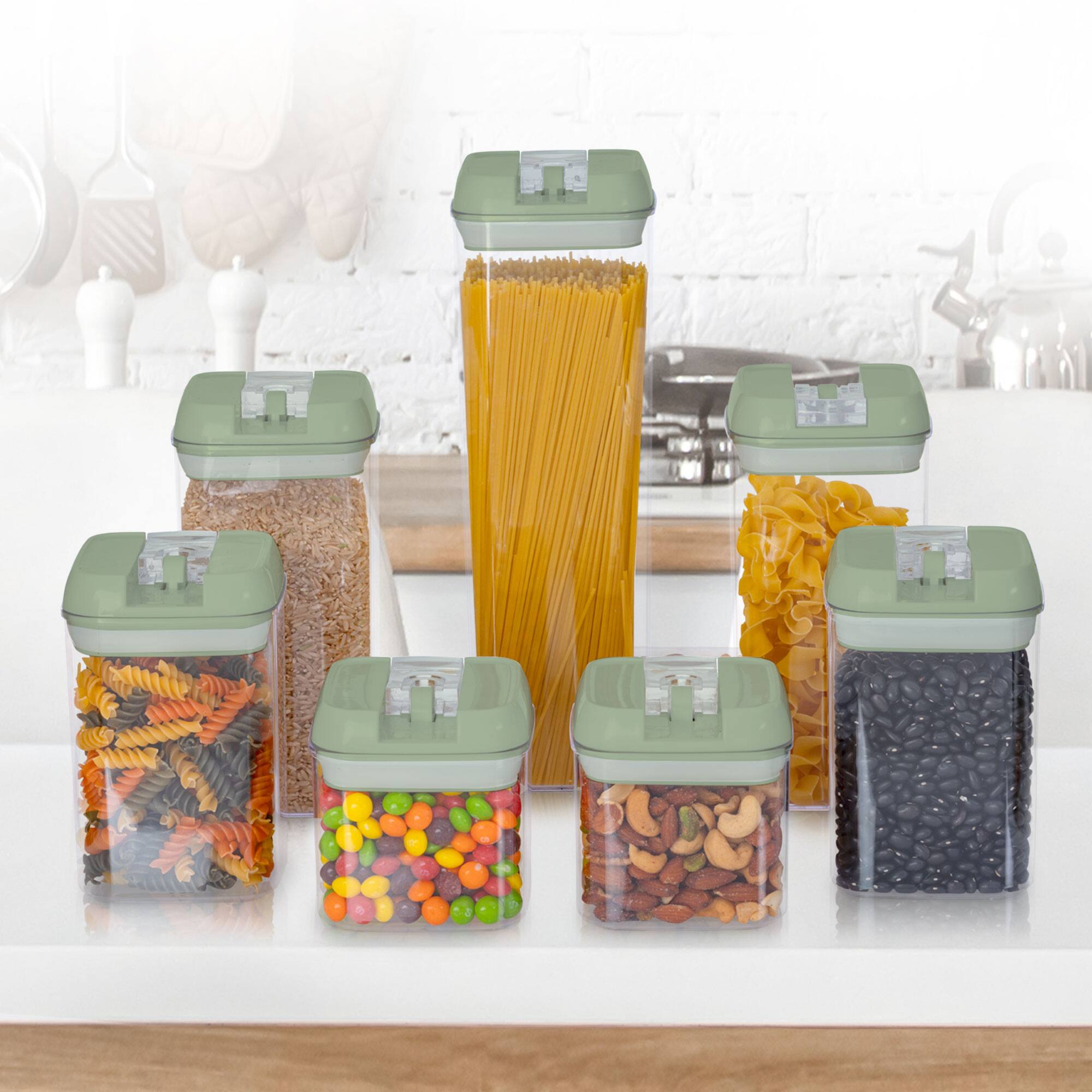 Left. Cheer Collection - 7-Piece Airtight Pantry Food Storage Container Set with Mixed Sizes, Flip-Top Lids & Reusable Labels - Olive.