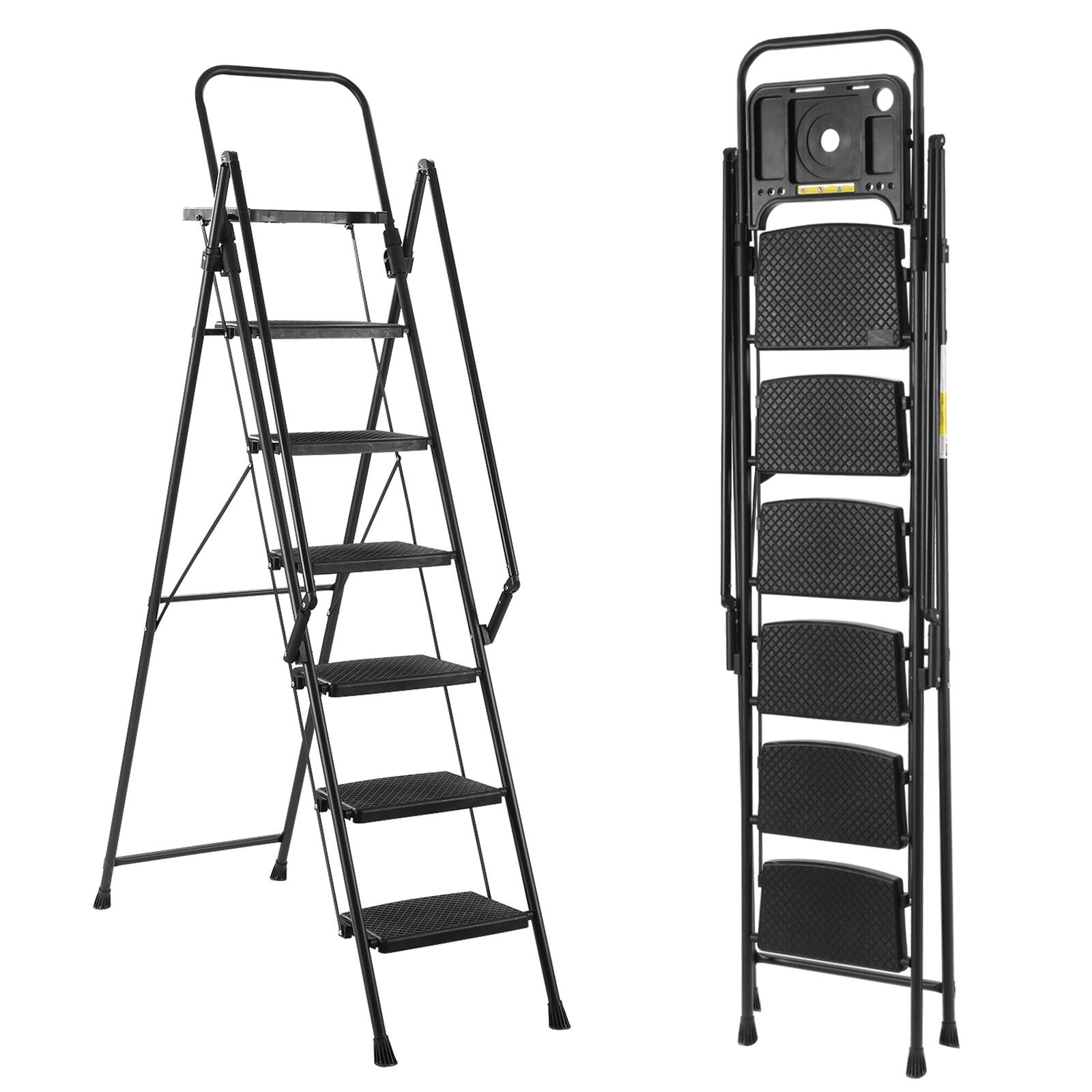 Chateau Abodes - Folding Ladder with Handrails, Tool Tray & Wide Anti-Slip Steps, Portable 800 lb Capacity for Home & Office - 6 Step
