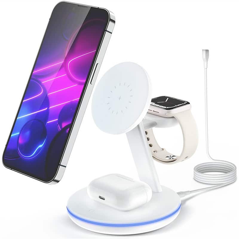RISOKEYS - Magnetic 15W Fast Charging - Foldable 3-in-1 Station for Apple/Samsung/Huawei Phones, Compatible with Apple Watch Only - White