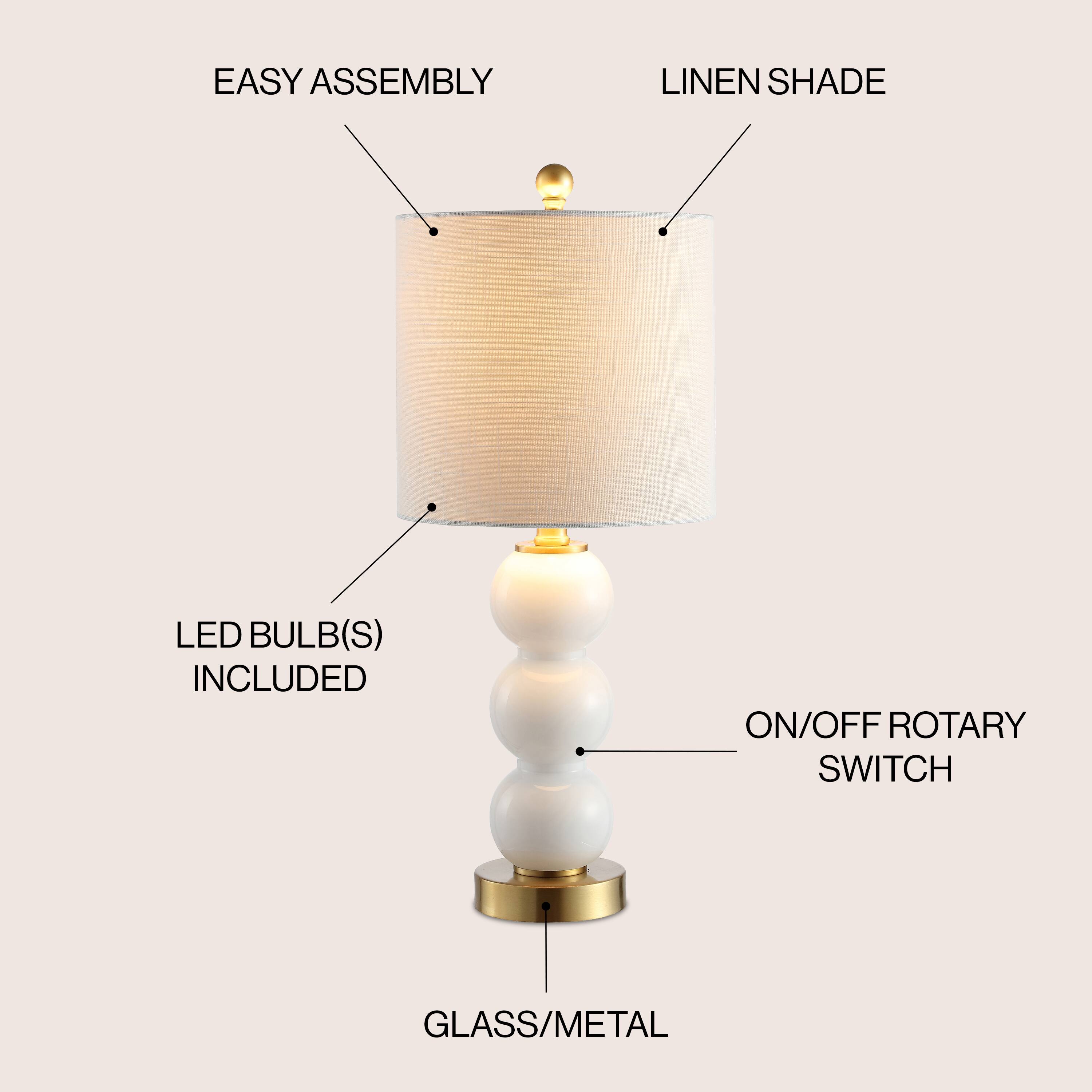 EASY ASSEMBLY  
LINEN SHADE  
LED BULB(S) INCLUDED  
ON/OFF ROTARY SWITCH  
GLASS/METAL