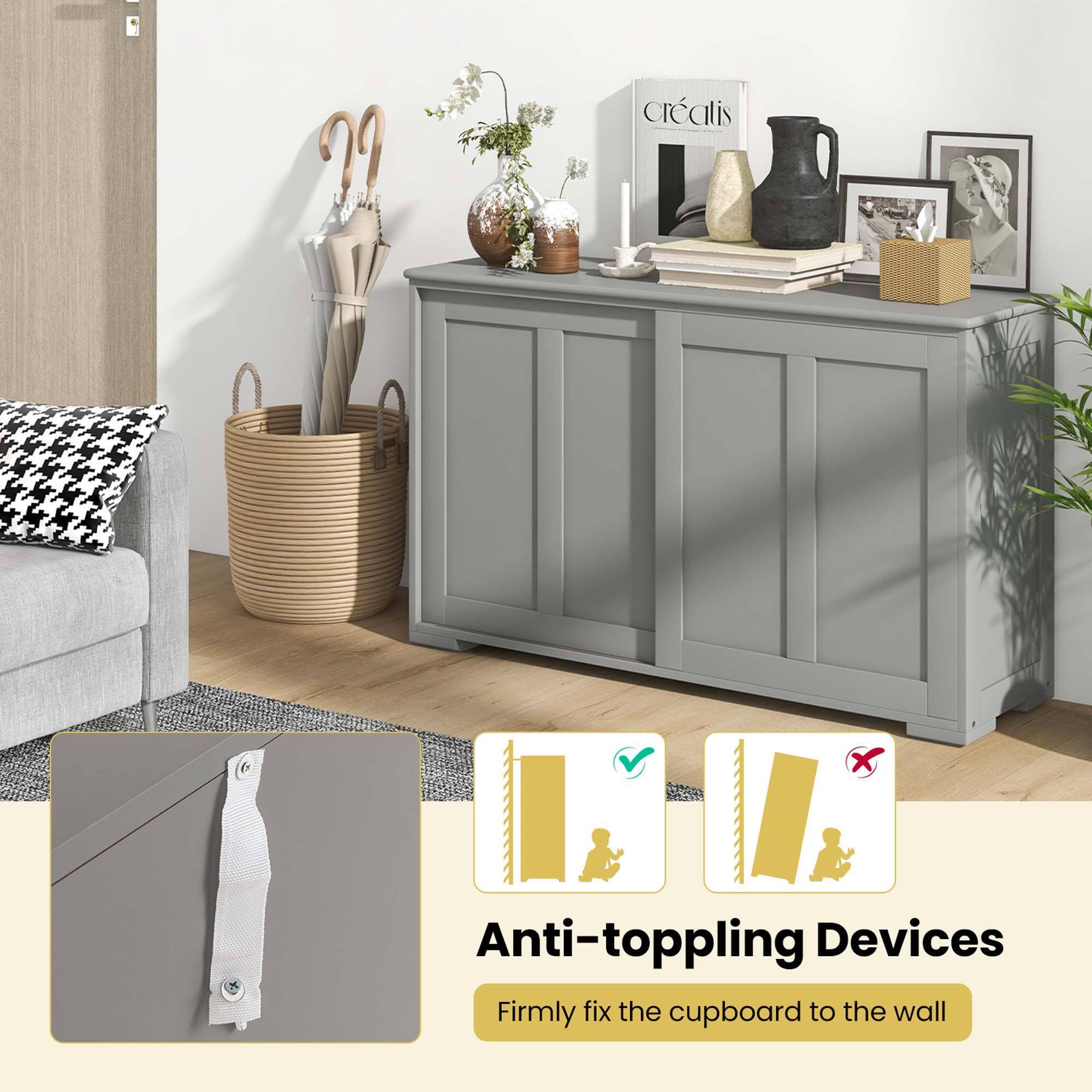 The text on the image reads "Crate Anti-toppling Devices Firmly fix the cupboard to the wall."