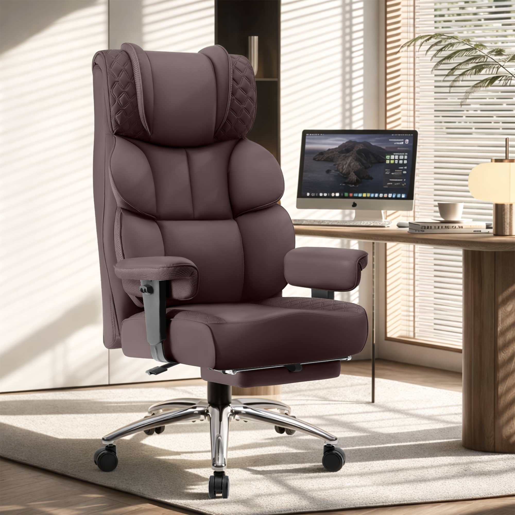 Front. KERDOM - Large PU Leather Office Chair with Footrest, Ergonomic Wide Seat Comfy Executive High Back Reclining Desk Gaming Chair - Coffee.