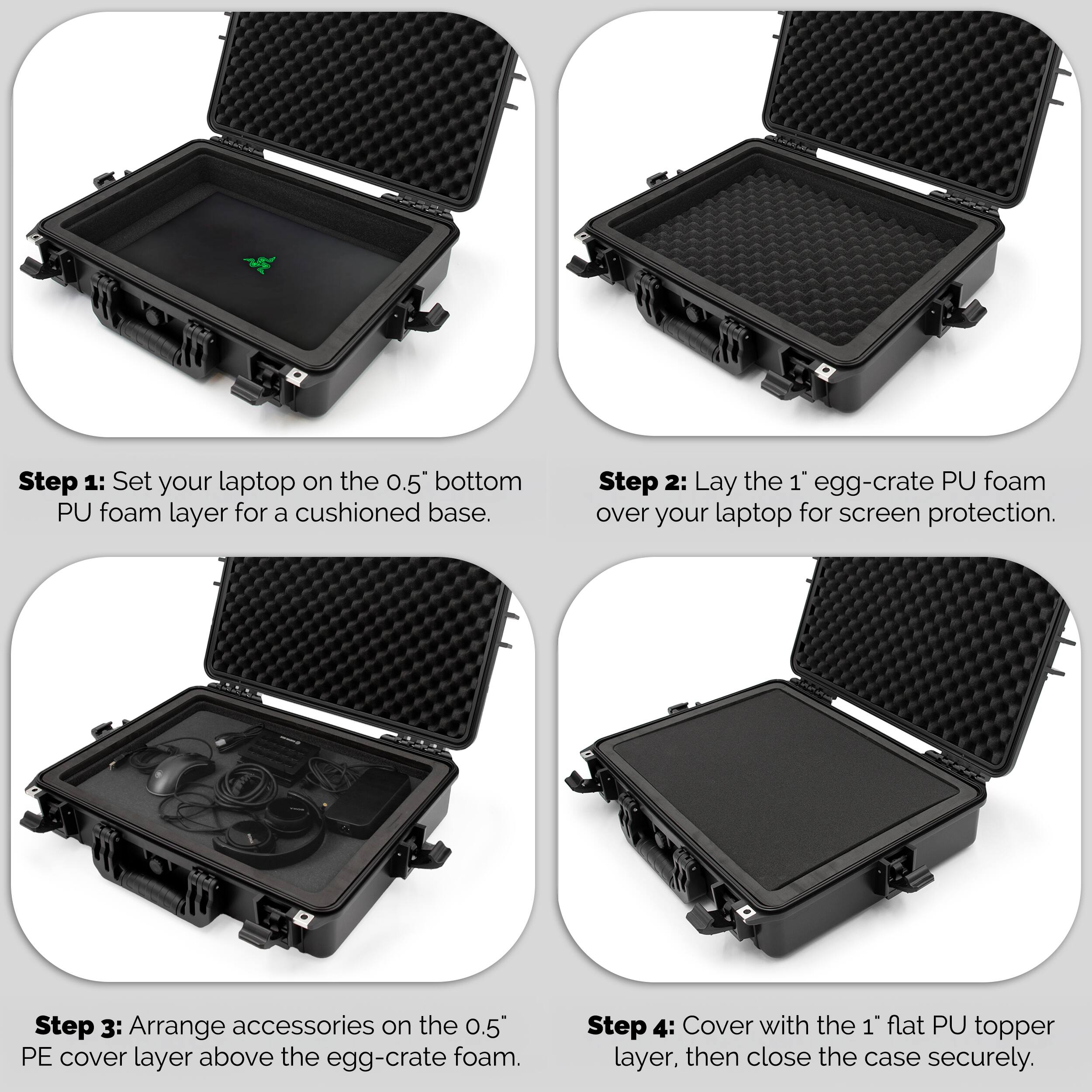 Step 1: Set your laptop on the 0.5" bottom PU foam layer for a cushioned base.

Step 2: Lay the 1" egg-crate PU foam over your laptop for screen protection.

Step 3: Arrange accessories on the 0.5" PE cover layer above the egg-crate foam.

Step 4: Cover with the 1" flat PU topper layer, then close the case securely.