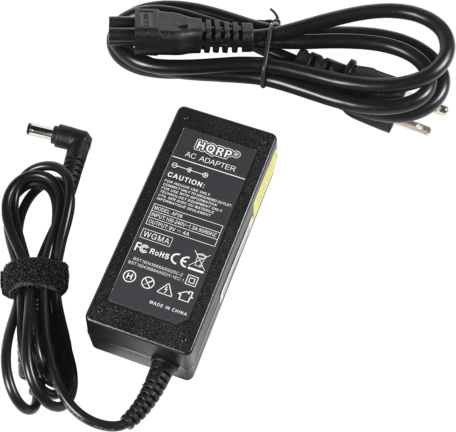 HORP AC ADAPTER FOR CONNECT CAUTION: INDOOR ONLY UT ONL UTIL TECNNOL ODY WITH GROUNDED K MRE INFORMATIQUE AVEC EQUIPMENT OU OUTLET. ZRUAL MA ONLY MODEL: AFO6 T. AFO6 EMENT OUTPUT: 9V INPUT: 100-240V-1 A = 4A 50/60HZ WGMA OST RoHS BST H 16043668A0002Y-1EC-1 2 4 MADE IN CHINA
