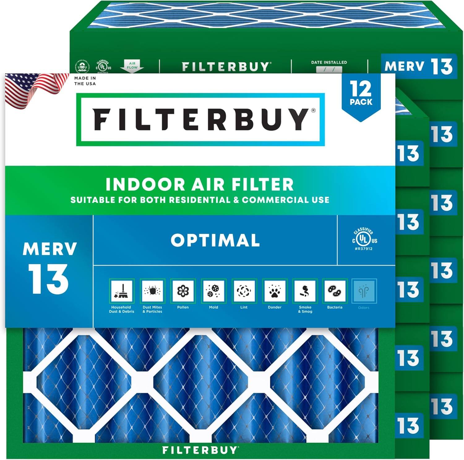 Filterbuy - 23.5x23.5x4 MERV 13 Smoke & Allergy Defense, Electrostatic Pleated HVAC AC Furnace Air Filters Replacement (12-Pack) - Blue