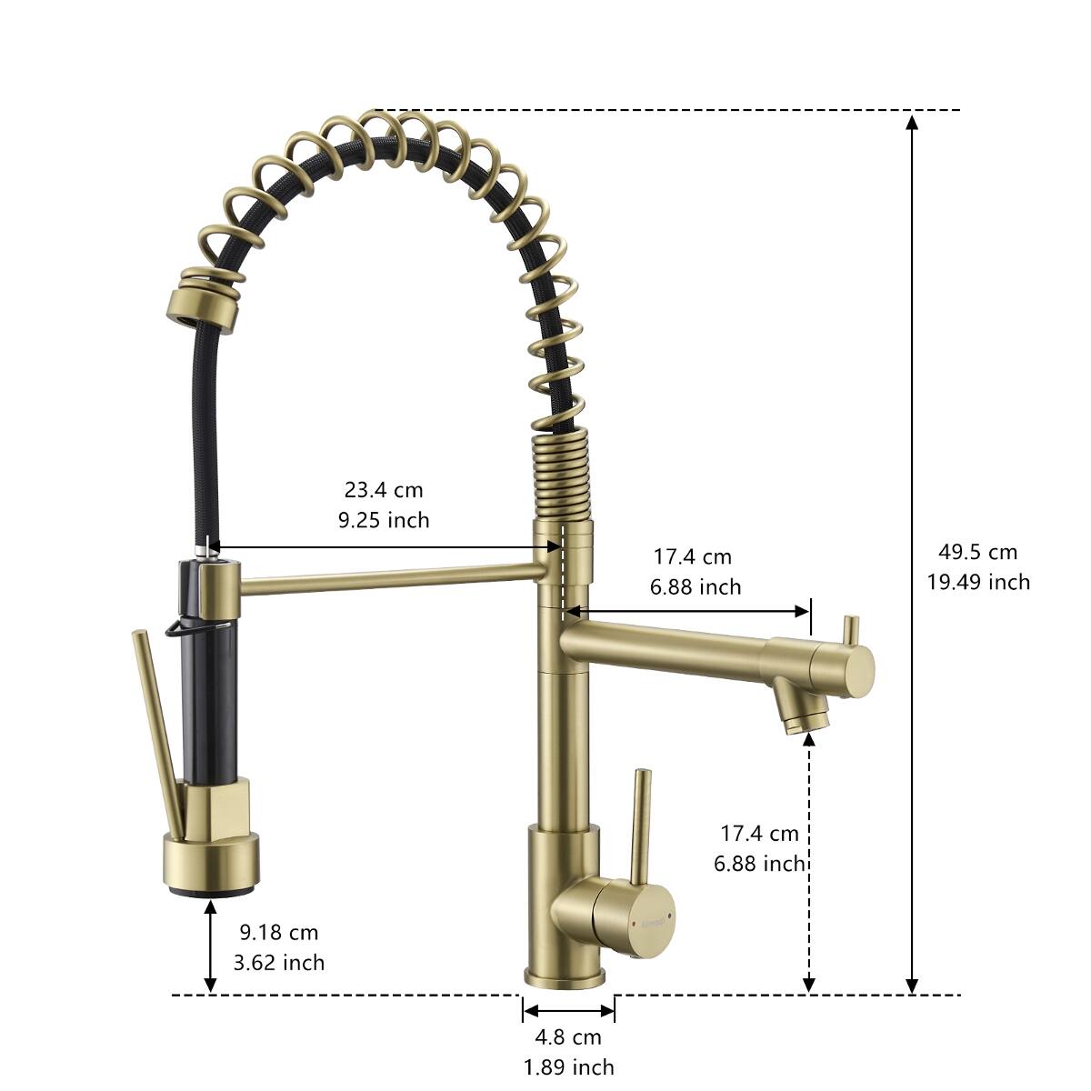 23.4 cm 9.25 inch  
17.4 cm 6.88 inch  
49.5 cm 19.49 inch  
17.4 cm 6.88 inch  
9.18 cm 3.62 inch  
4.8 cm 1.89 inch