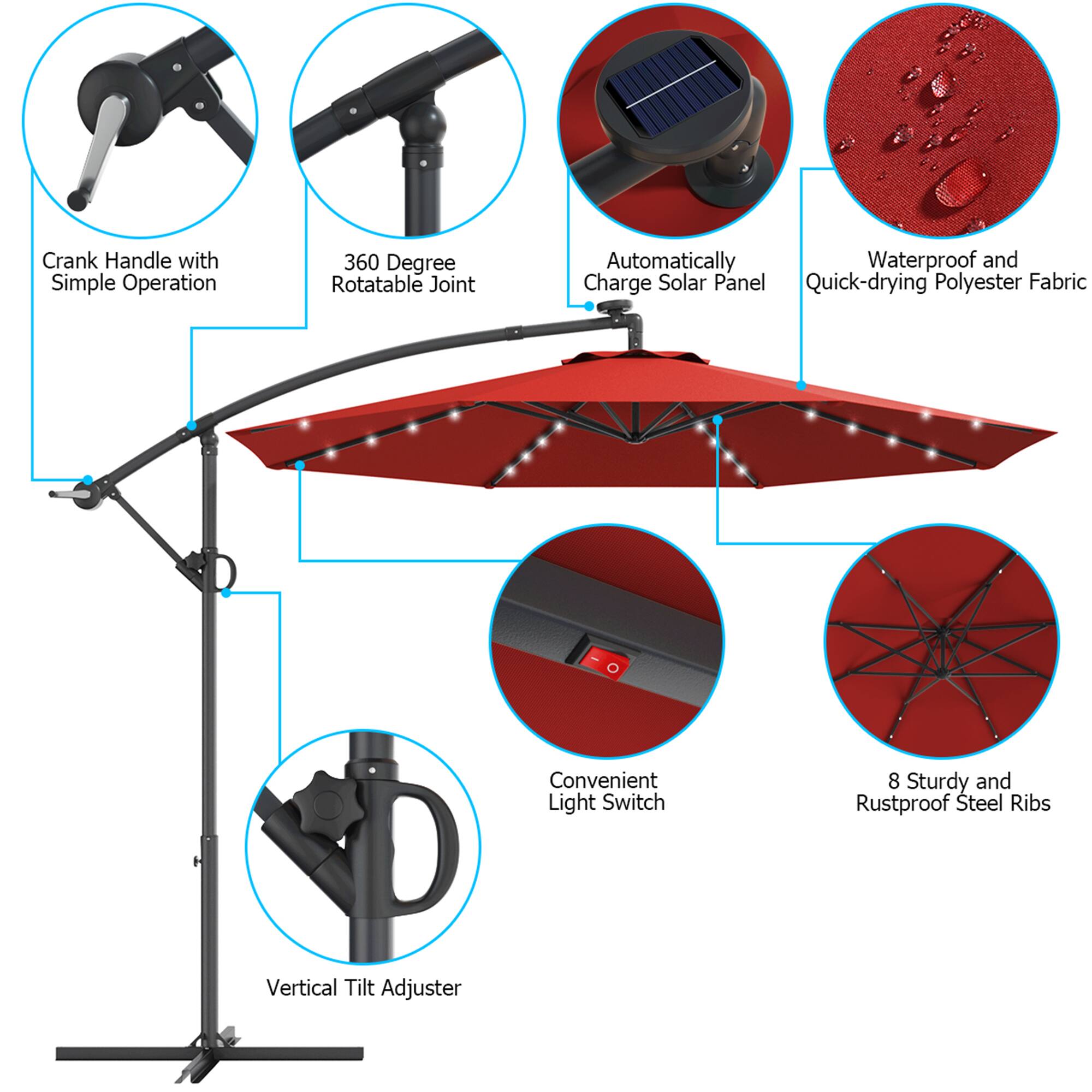 Crank Handle with Simple Operation, 360 Degree Rotatable Joint, Automatically Waterproof and Charge Solar Panel, Quick-drying Polyester Fabric, Convenient Light Switch, 8 Sturdy and Rustproof Steel Ribs, Vertical Tilt Adjuster