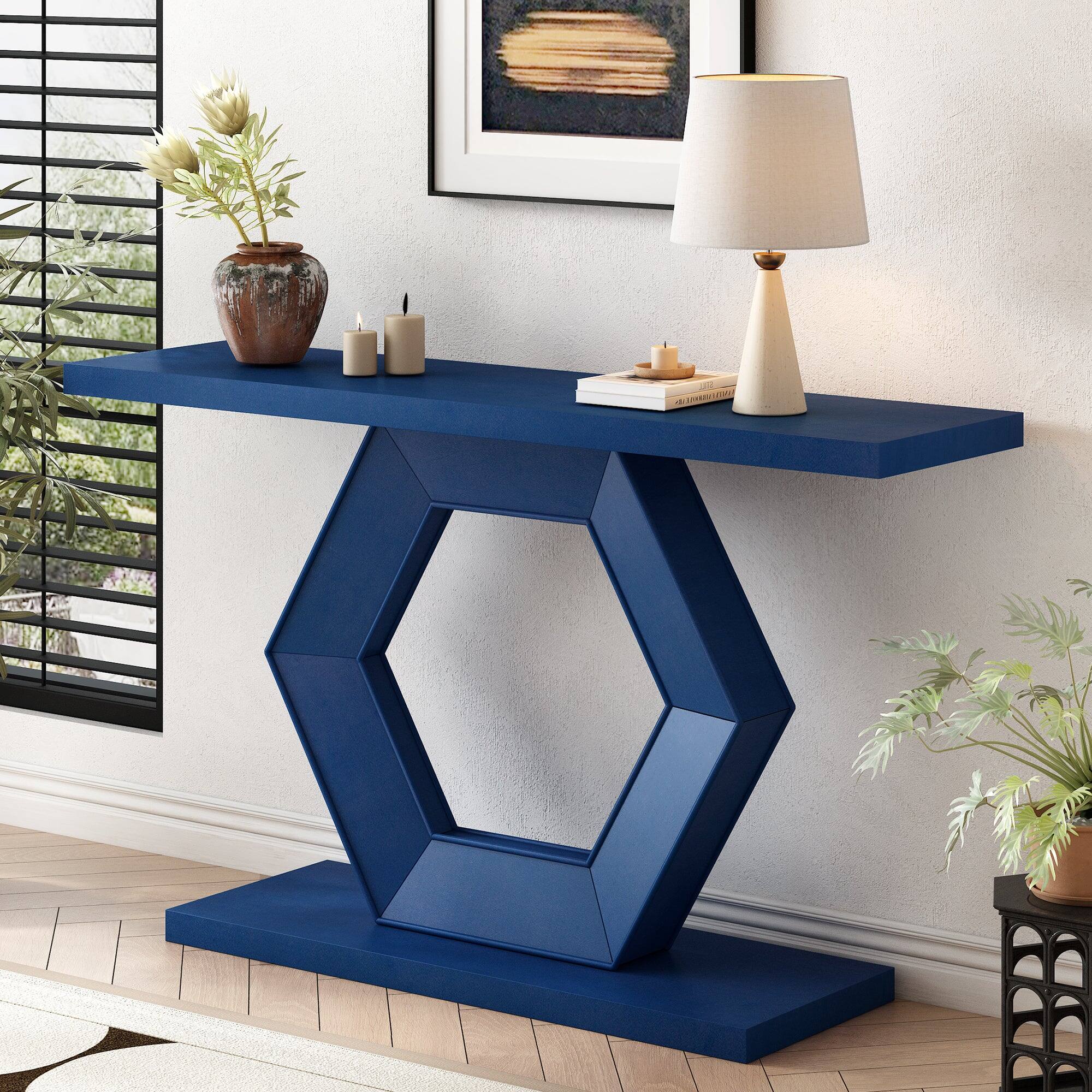 Alt View 5. Boyel Living - Modern Hexagon Entryway Table with Hollow Hexagon Leg Structure and Wood Finish in Blue - Blue.