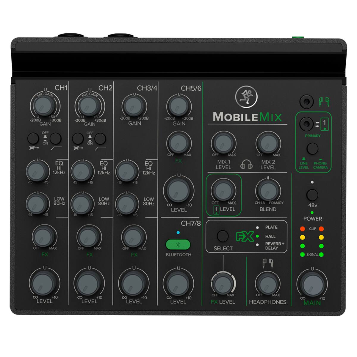 U CH1 MIC GAIN U -50 -20dB 30dB GAIN OFF A ON  
CH2 MIC GAIN U S0 -20dB +30dB GAIN OFF A ON  
CH3/4 CH5/6 U -20dB 20dB -20dB 20dB  
MOBILE MIX GAIN GAIN P 1 PRIMARY 15  
1 EQ HI 12kHz 5 -5 U EQ HI 12kHz +55 -15 L EQ HI 12kHz +5 OFF MAX FX U OFF MAX  
MIX 1 LEVEL OFF MAX MIX 2 LEVEL LINE PHONE LEVEL CAMERA u LOW 80Hz -15 +75 OFF MAX FX U LOW 80Hz 5 +15 OFF MAX FX U LOW 80Hz -15 +75 OFF MAX FX  
00 +50 LEVEL CH7/8 BLUETOOTH OFF MAX  
CH1-8 PRIMARY LEVEL BLEND  
PLATE FX HALL REVERB + SELECT DELAY  
48v POWER CLPP SIGNAL U U U U 0. +10 LEVEL .. +10 LEVEL 0. +10 LEVEL